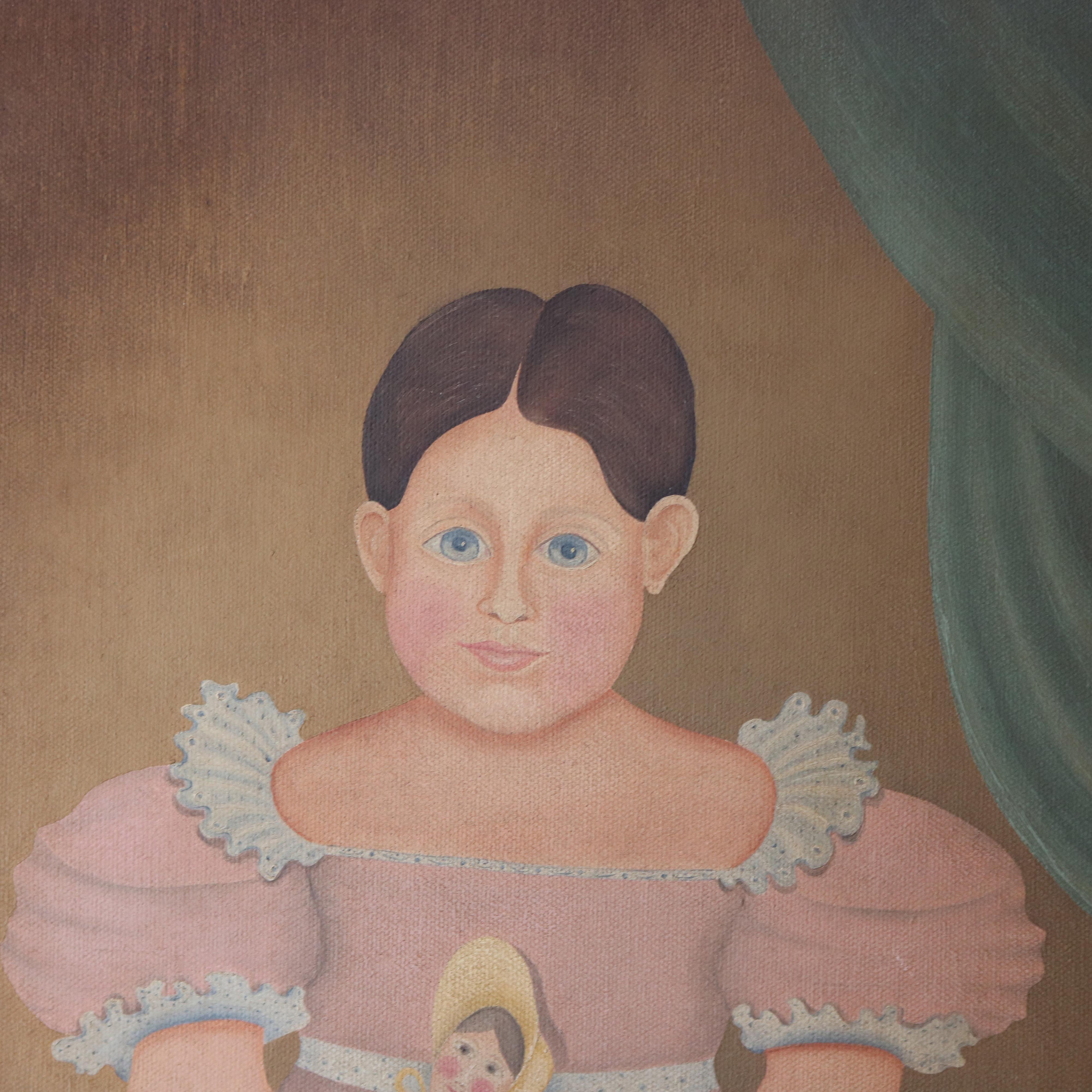 A vintage Folk Art chromolithograph print on canvas depicts young girl in pink dress and holding a doll, seated in giltwood frame, en verso archival tag as photographed, 20th century.

Measures: 28.25