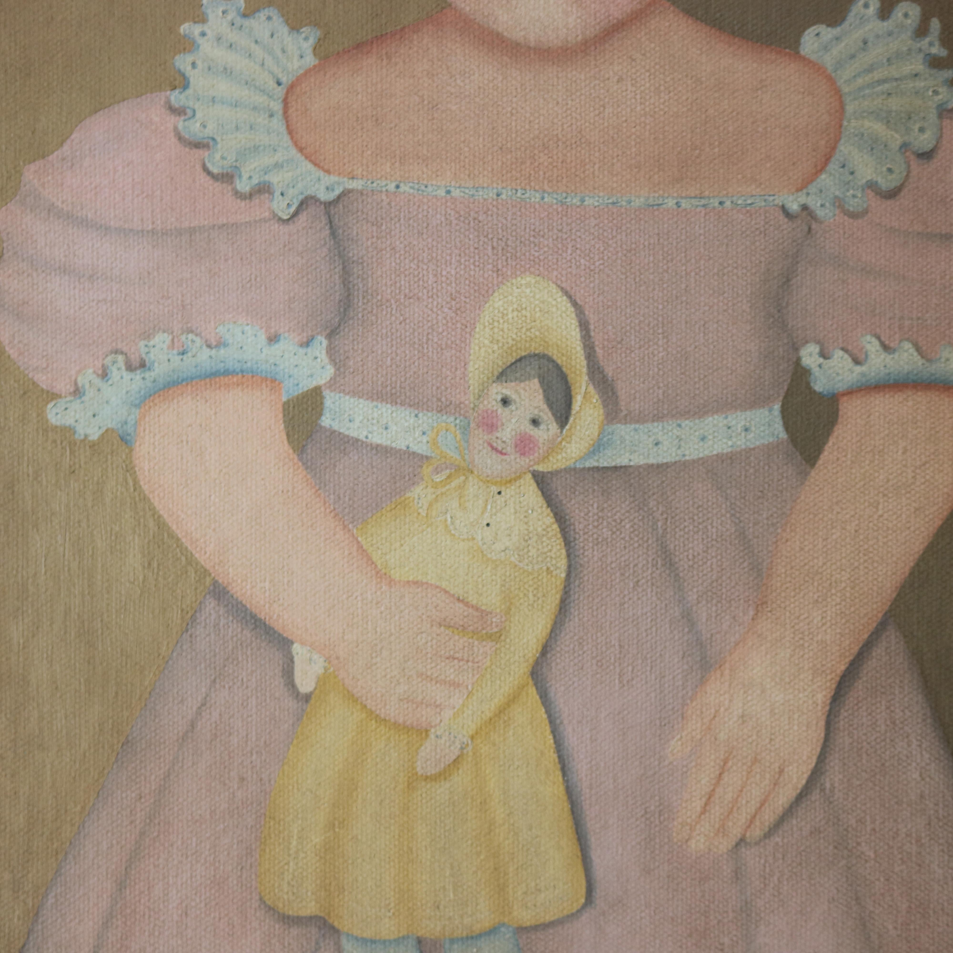Carved Vintage Folk Art Canvas Chromolithograph Print of Young Girl with Doll