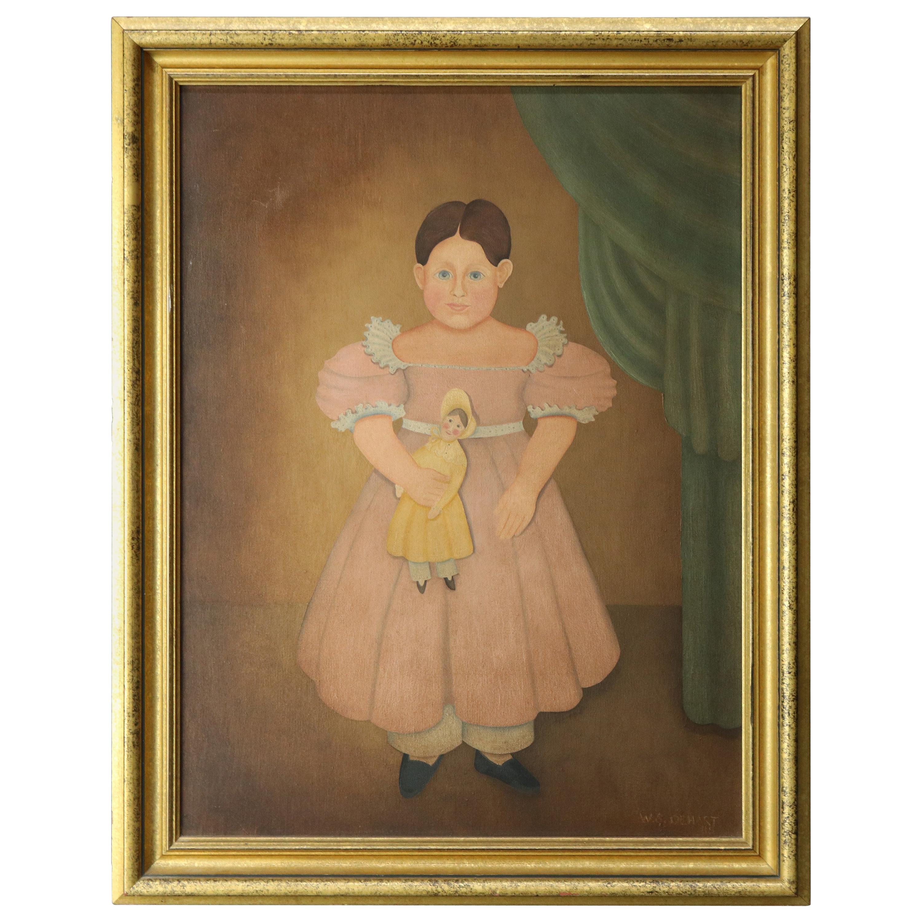 Vintage Folk Art Canvas Chromolithograph Print of Young Girl with Doll