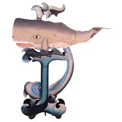 Vintage Folk Art Carved Whale Kinetic Sculpture on Stylized Ocean Base