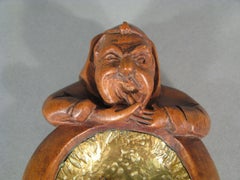 Vintage Folk Art Carved Wood Ashtray with Monk Head Smoking Cigar - 1Y172