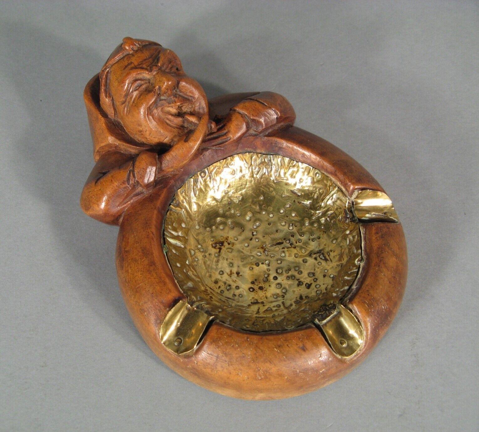 Empire Vintage Folk Art Carved Wood Ashtray with Monk Head Smoking Cigar - 1Y172