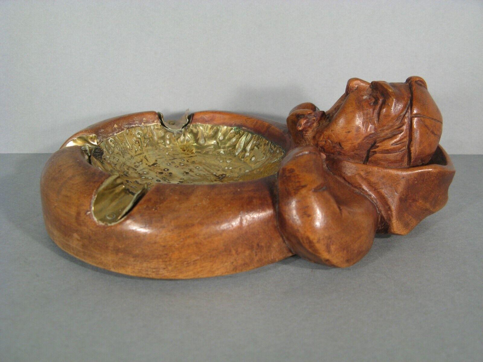 Vintage Folk Art Carved Wood Ashtray with Monk Head Smoking Cigar - 1Y172 1