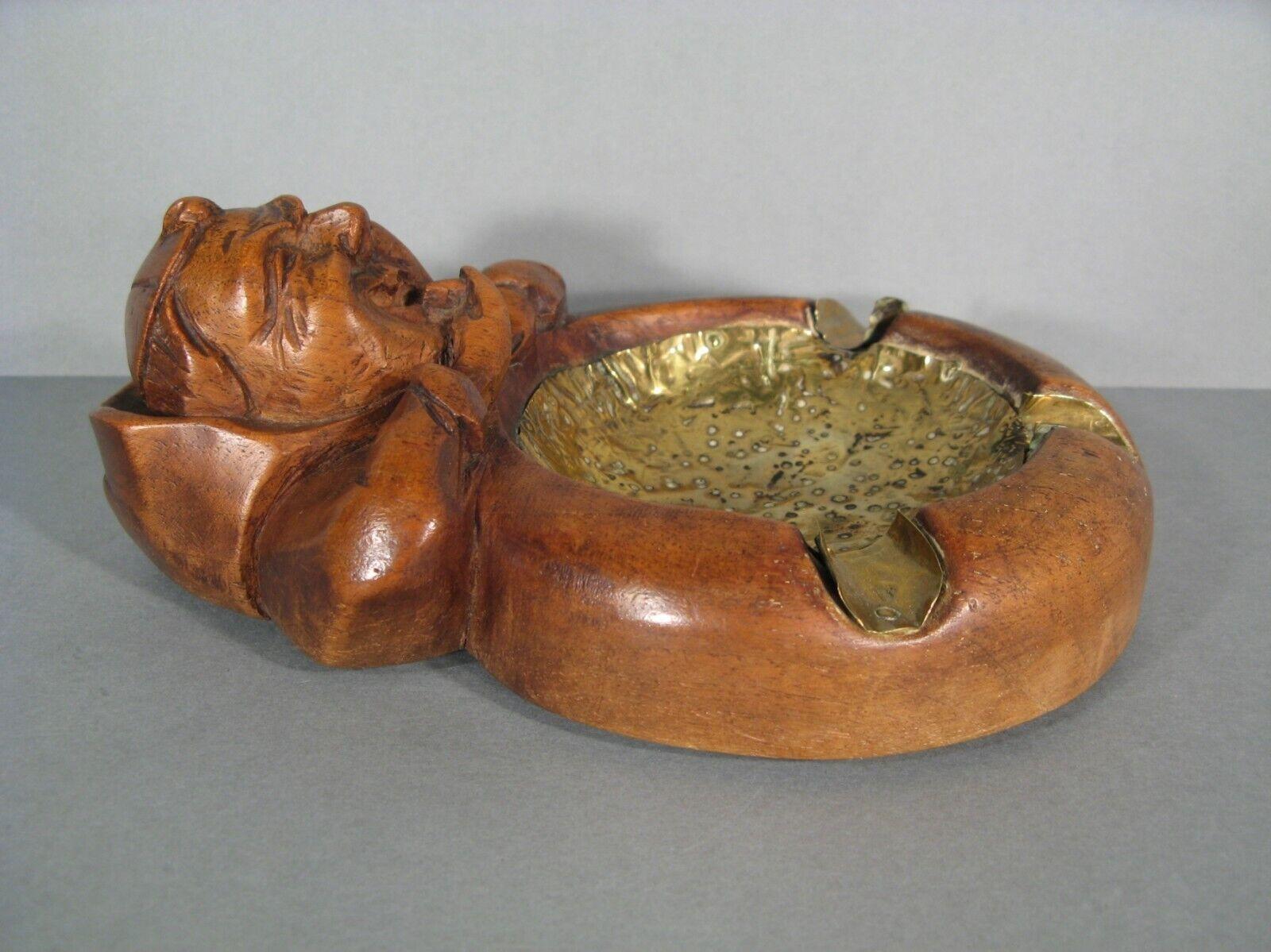 Vintage Folk Art Carved Wood Ashtray with Monk Head Smoking Cigar - 1Y172 2
