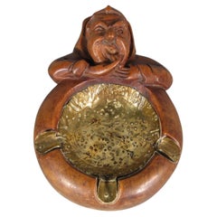 Vintage Folk Art Carved Wood Ashtray with Monk Head Smoking Cigar - 1Y172