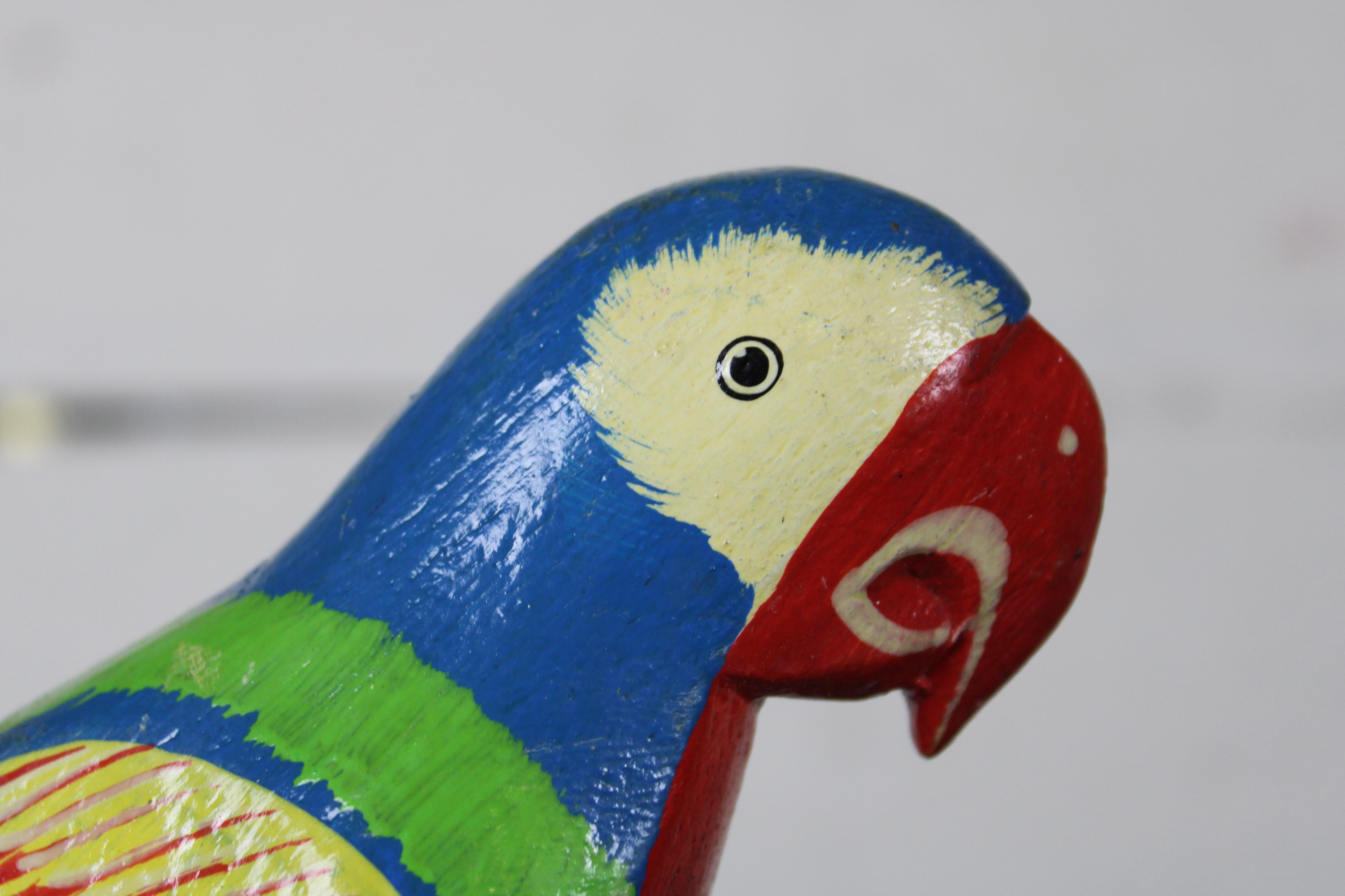 Vintage Folk Art Carved Wood Parrot on Stick Tropical Bird Figurine Sculpture  3