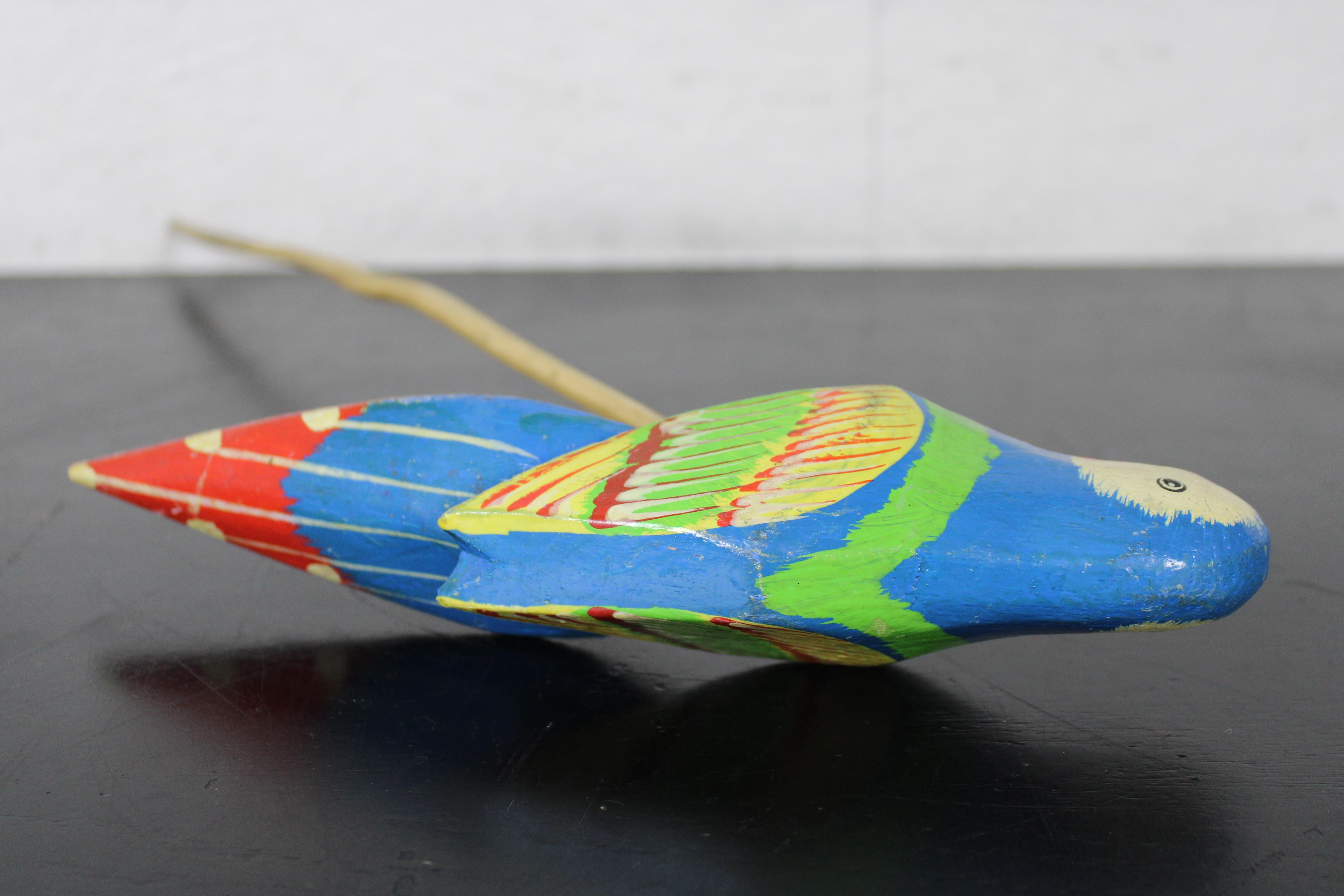 20th Century Vintage Folk Art Carved Wood Parrot on Stick Tropical Bird Figurine Sculpture 