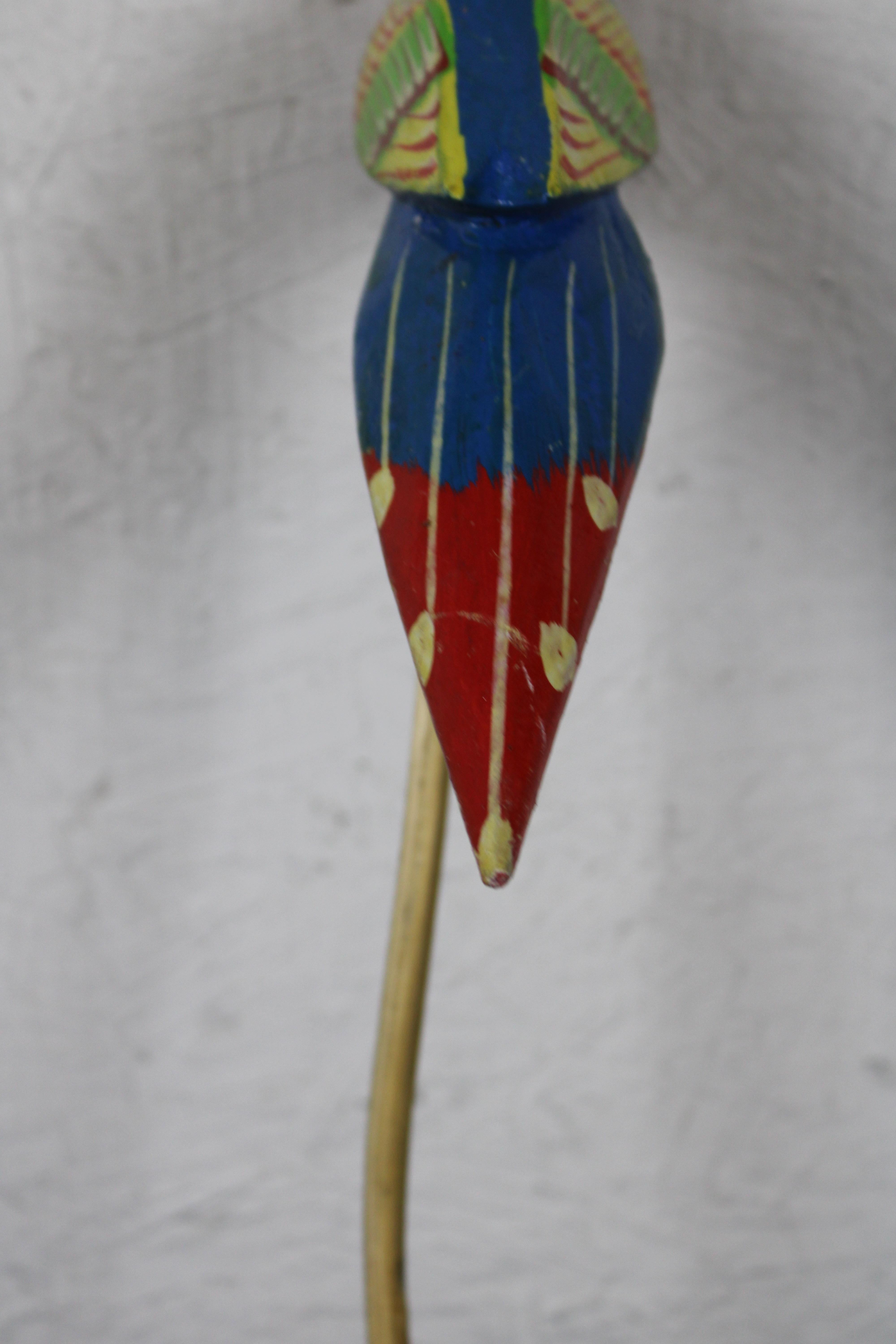 Hardwood Vintage Folk Art Carved Wood Parrot on Stick Tropical Bird Figurine Sculpture 