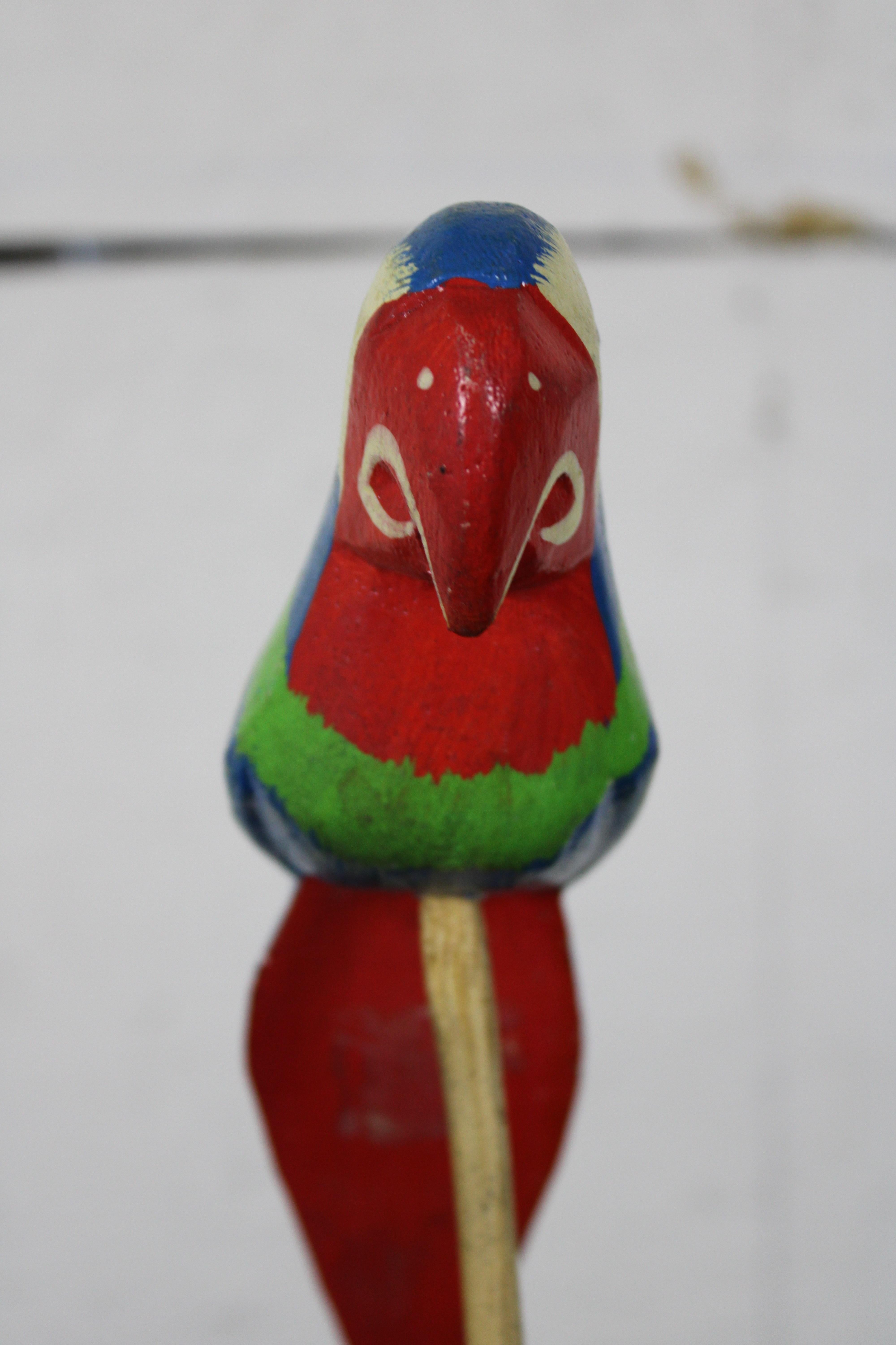 Vintage Folk Art Carved Wood Parrot on Stick Tropical Bird Figurine Sculpture  2