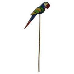 Vintage Folk Art Carved Wood Parrot on Stick Tropical Bird Figurine Sculpture 