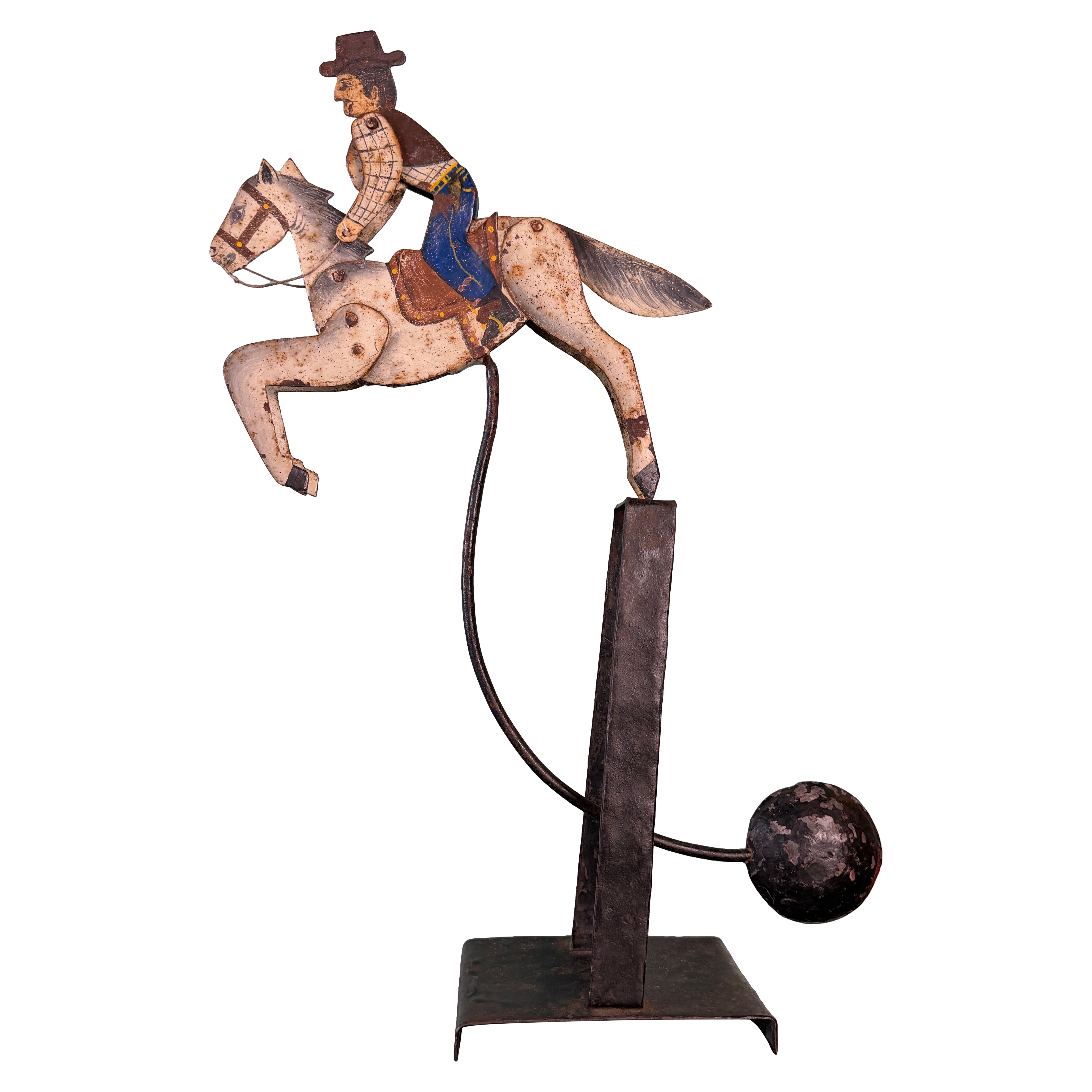 Vintage Folk Art Cowboy on Horse Balancing Sculpture