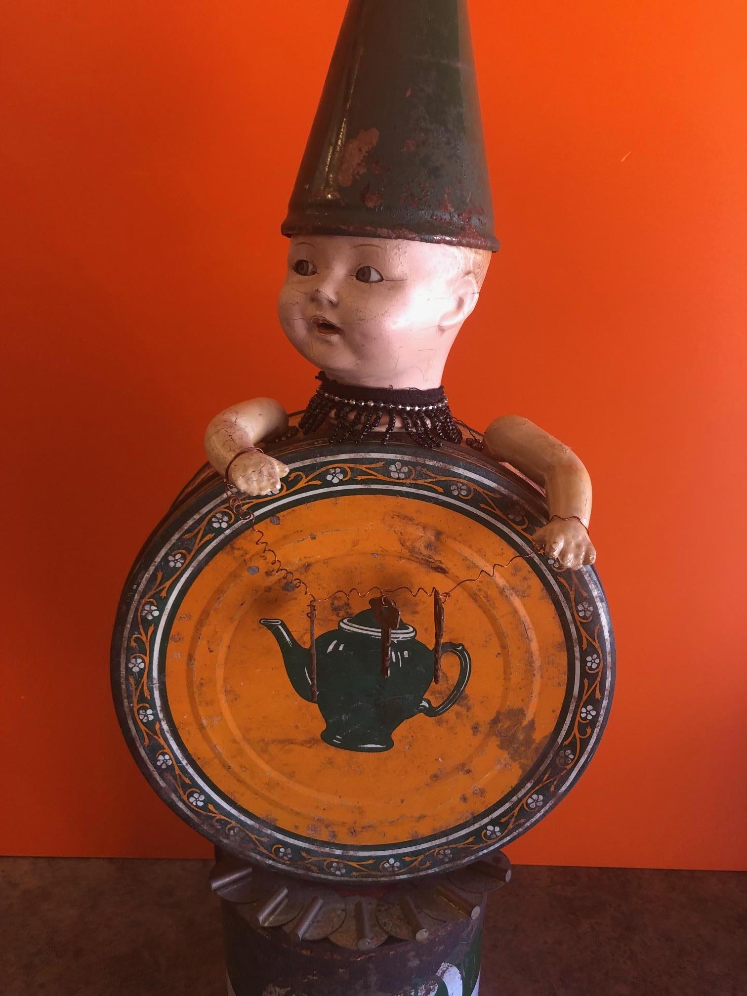 Vintage Folk Art Doll / Oil Can with Articulating Arms In Distressed Condition For Sale In San Diego, CA