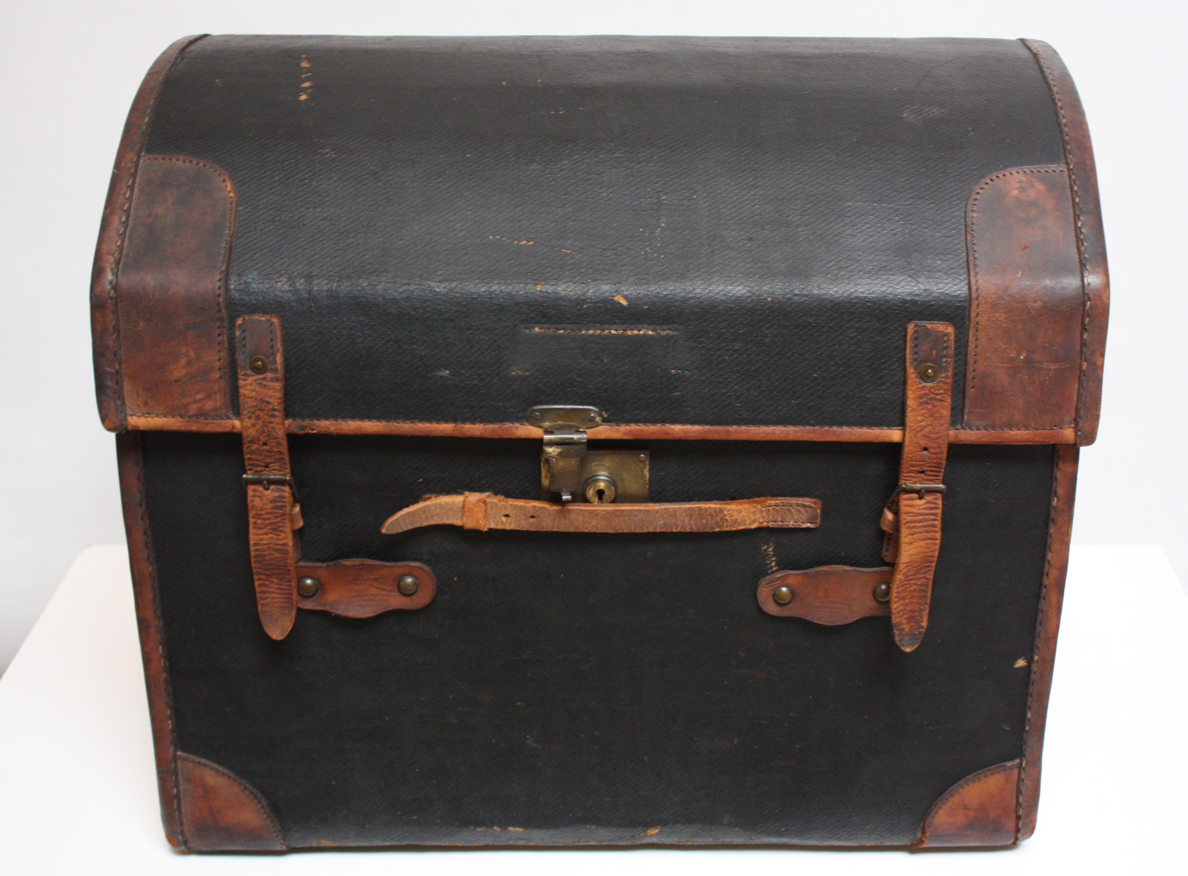 American Vintage Folk Art Dome Top Leather and Canvas Steamer Trunk Initialed 'H.K.'