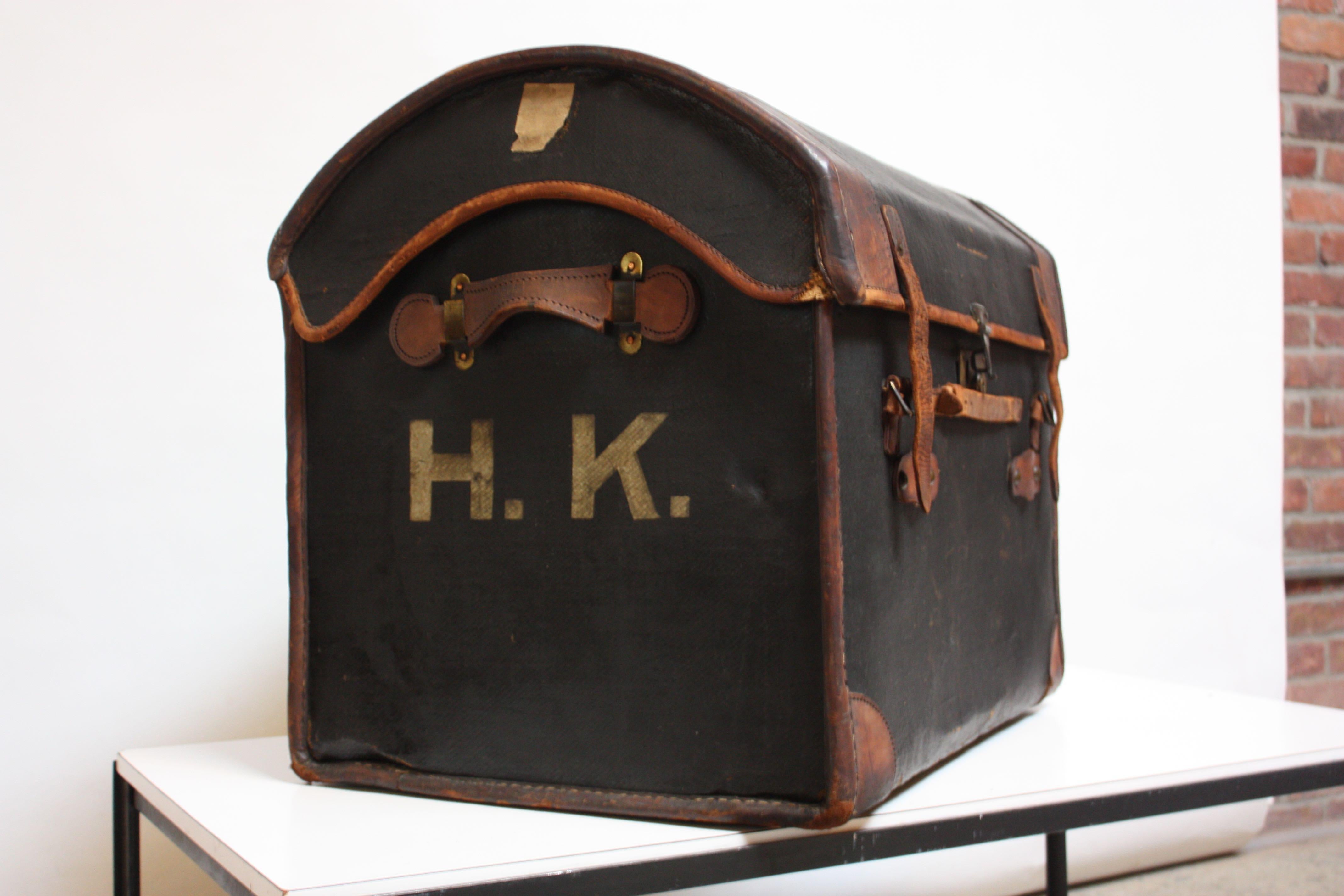 Vintage Folk Art Dome Top Leather and Canvas Steamer Trunk Initialed 'H.K.' In Good Condition In Brooklyn, NY