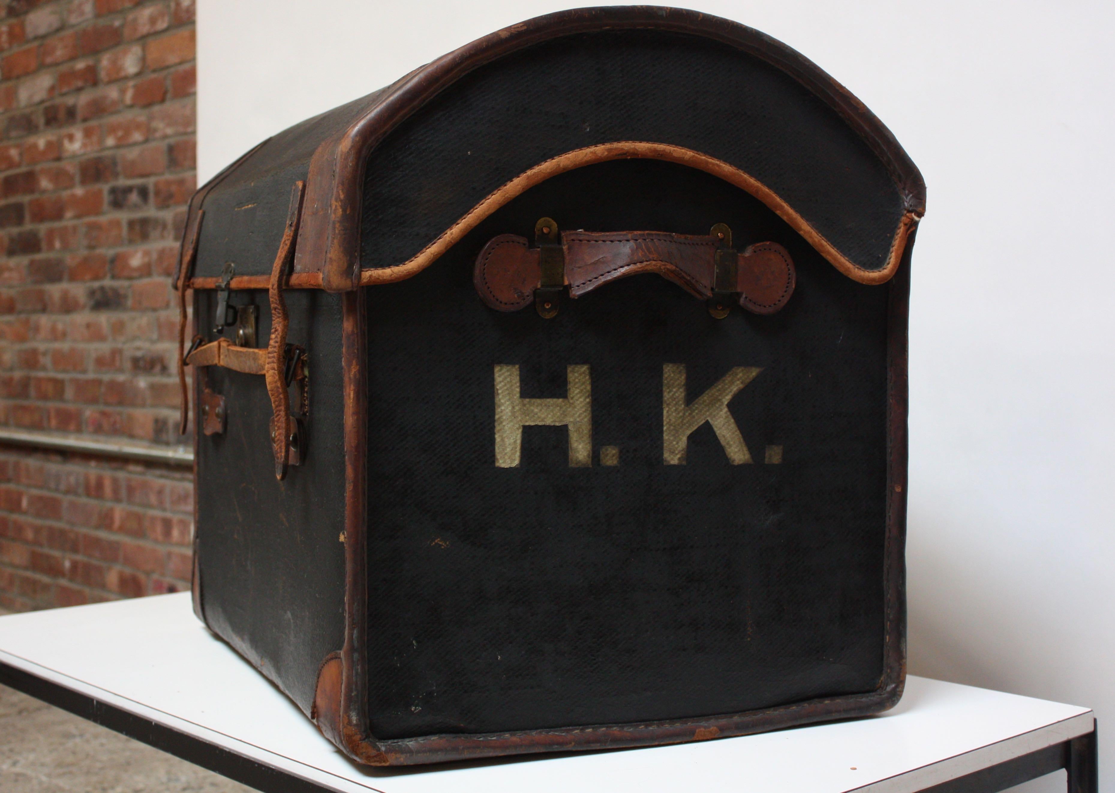 20th Century Vintage Folk Art Dome Top Leather and Canvas Steamer Trunk Initialed 'H.K.'