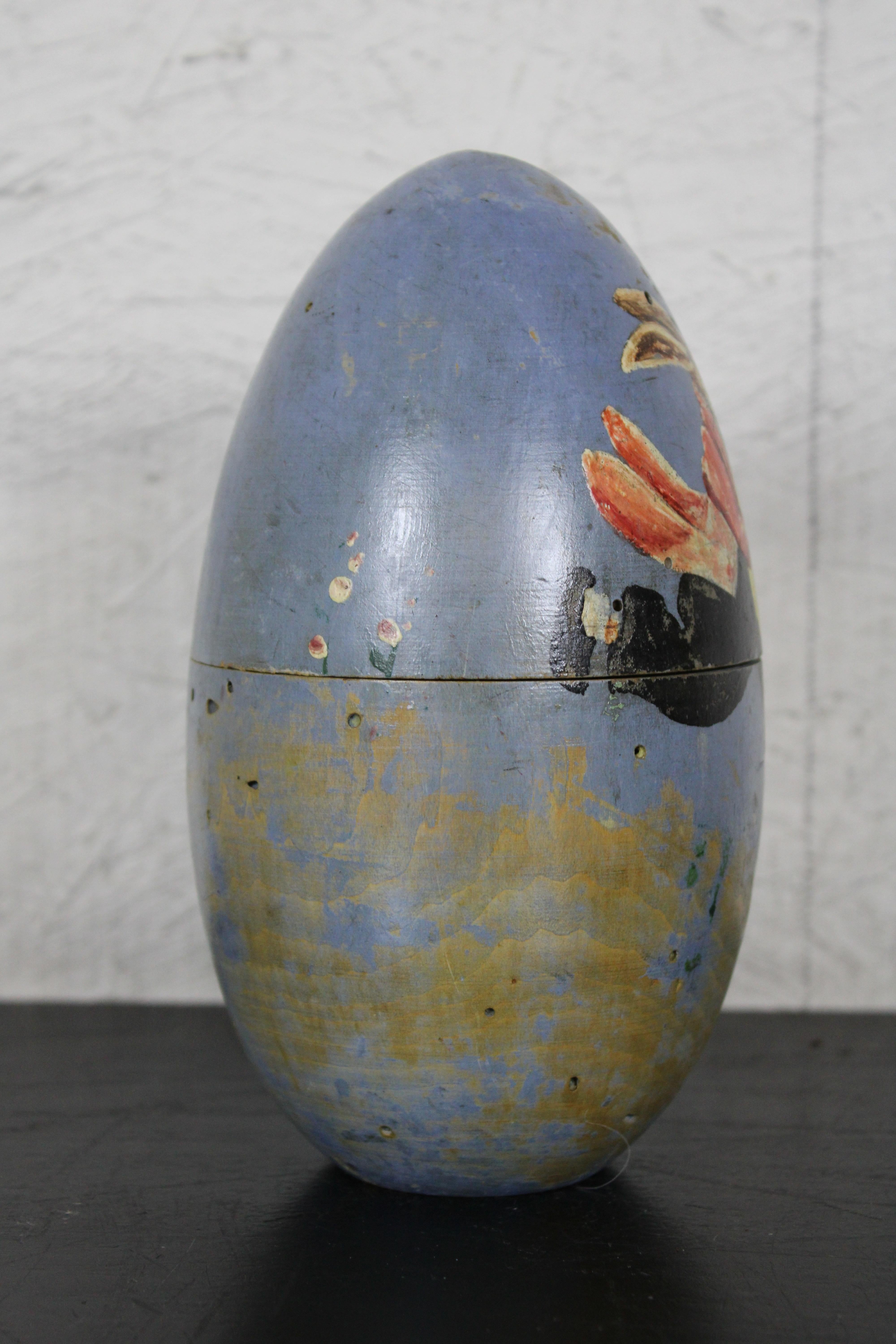 20th Century Vintage Folk Art Easter Bunny Rabbit Carved Wood Egg Trinket Box Primitive