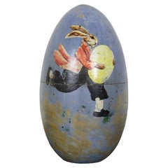 Vintage Folk Art Easter Bunny Rabbit Carved Wood Egg Trinket Box Primitive