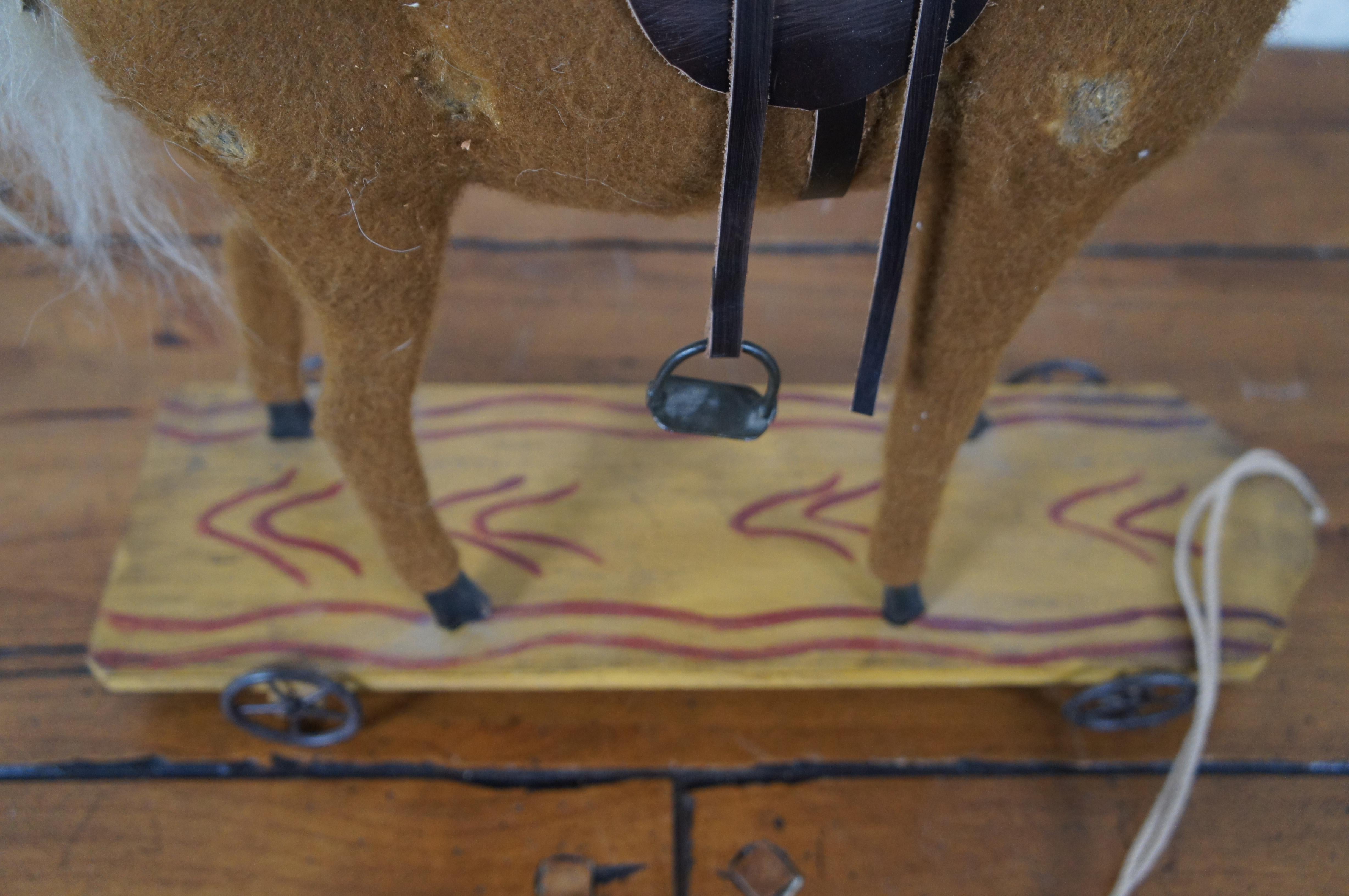 Vintage Folk Art Equestrian Felt Hobby Horse on Cart Pull Toy 15