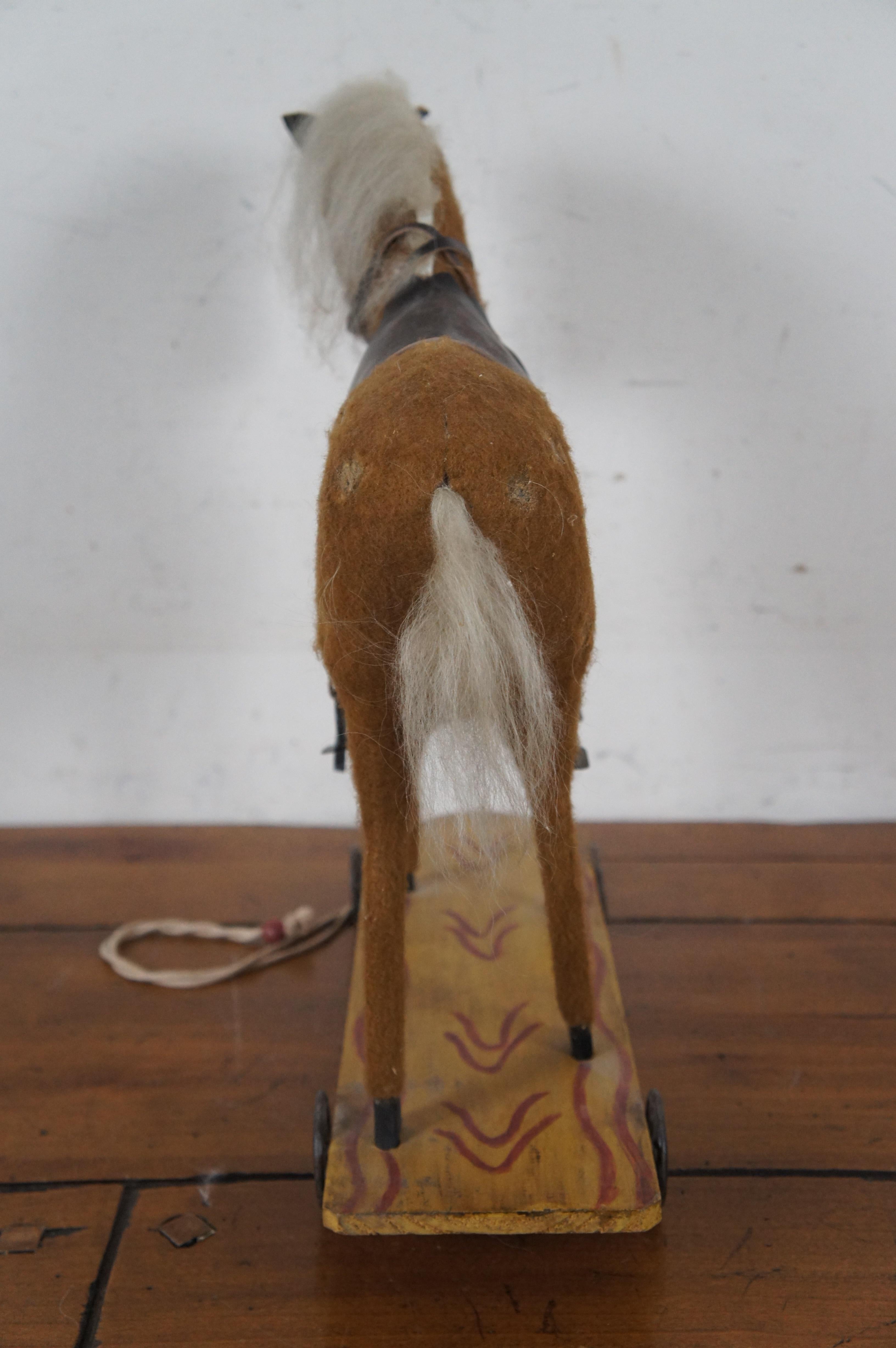 Vintage Folk Art Equestrian Felt Hobby Horse on Cart Pull Toy 15