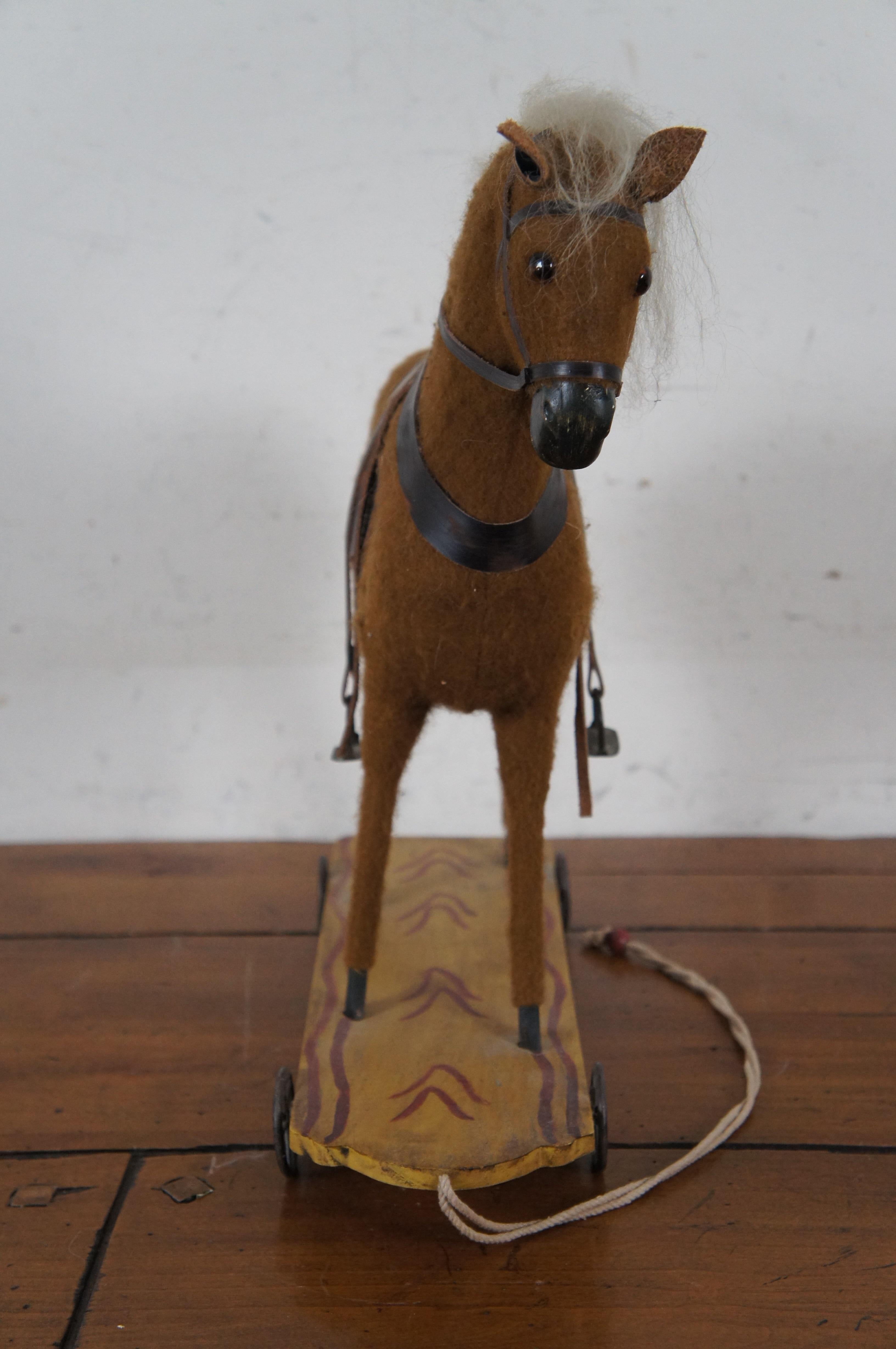 20th Century Vintage Folk Art Equestrian Felt Hobby Horse on Cart Pull Toy 15