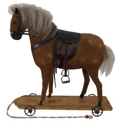 Vintage Folk Art Equestrian Felt Hobby Horse on Cart Pull Toy 15"
