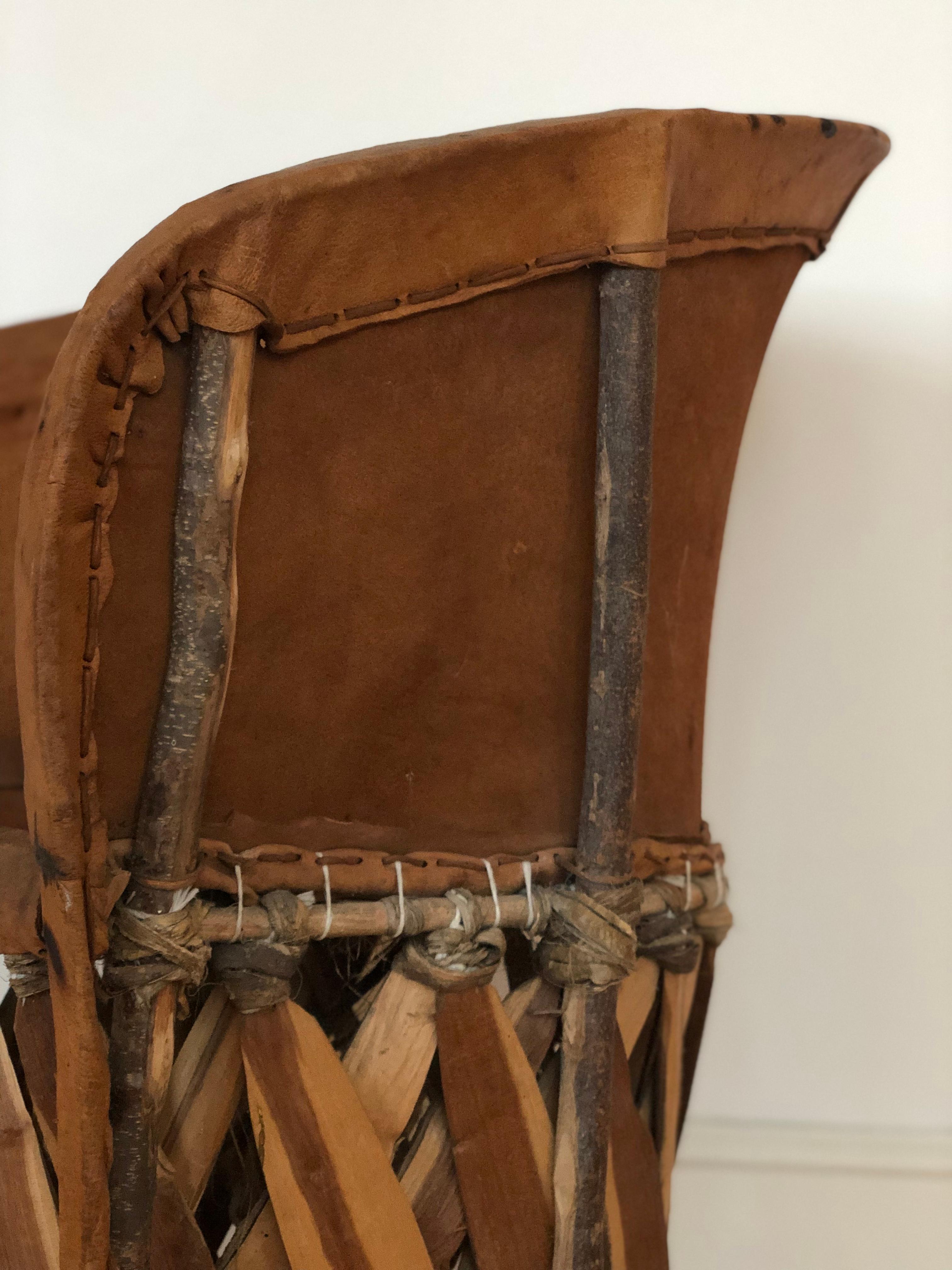 Hand-Crafted Vintage Folk Art Equipale Leather Ostrich Armchair Mexico 1970s For Sale