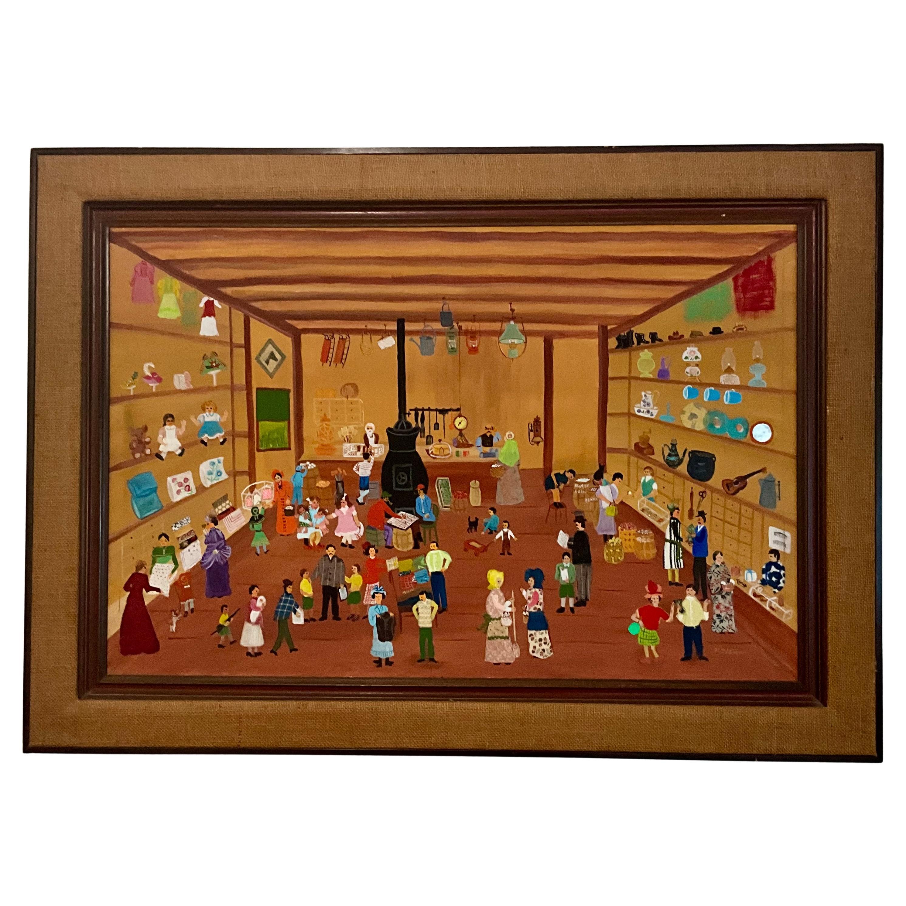"Scène de magasin général en art populaire vintage, signée M. Stevens - Americana naïf