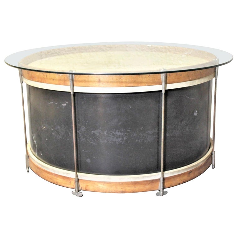 Vintage Folk Art Glass Top Bass Drum Coffee, Accent or Cocktail Table