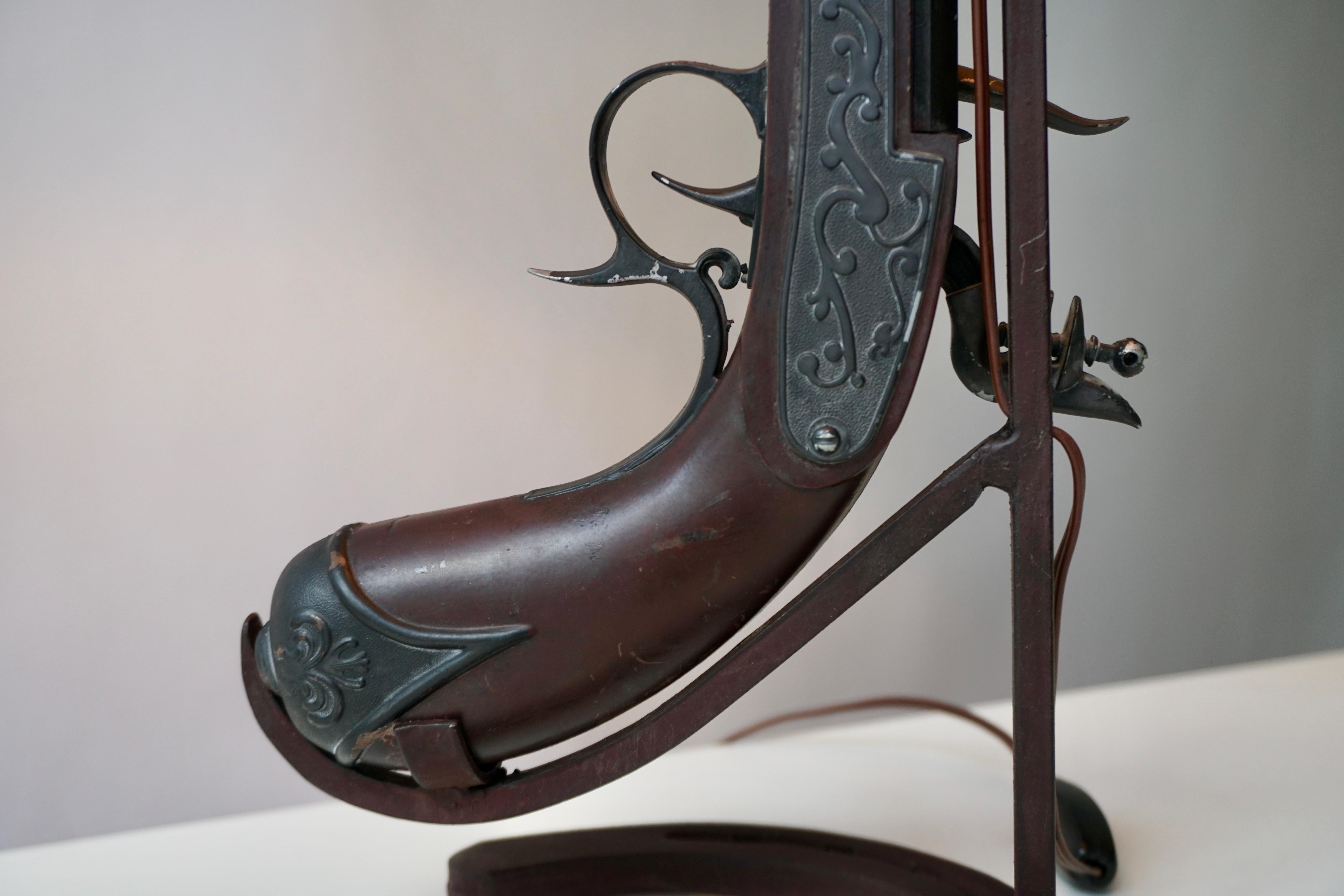 Vintage Folk Art Gun Lamp of Wrought Iron and Wood 1