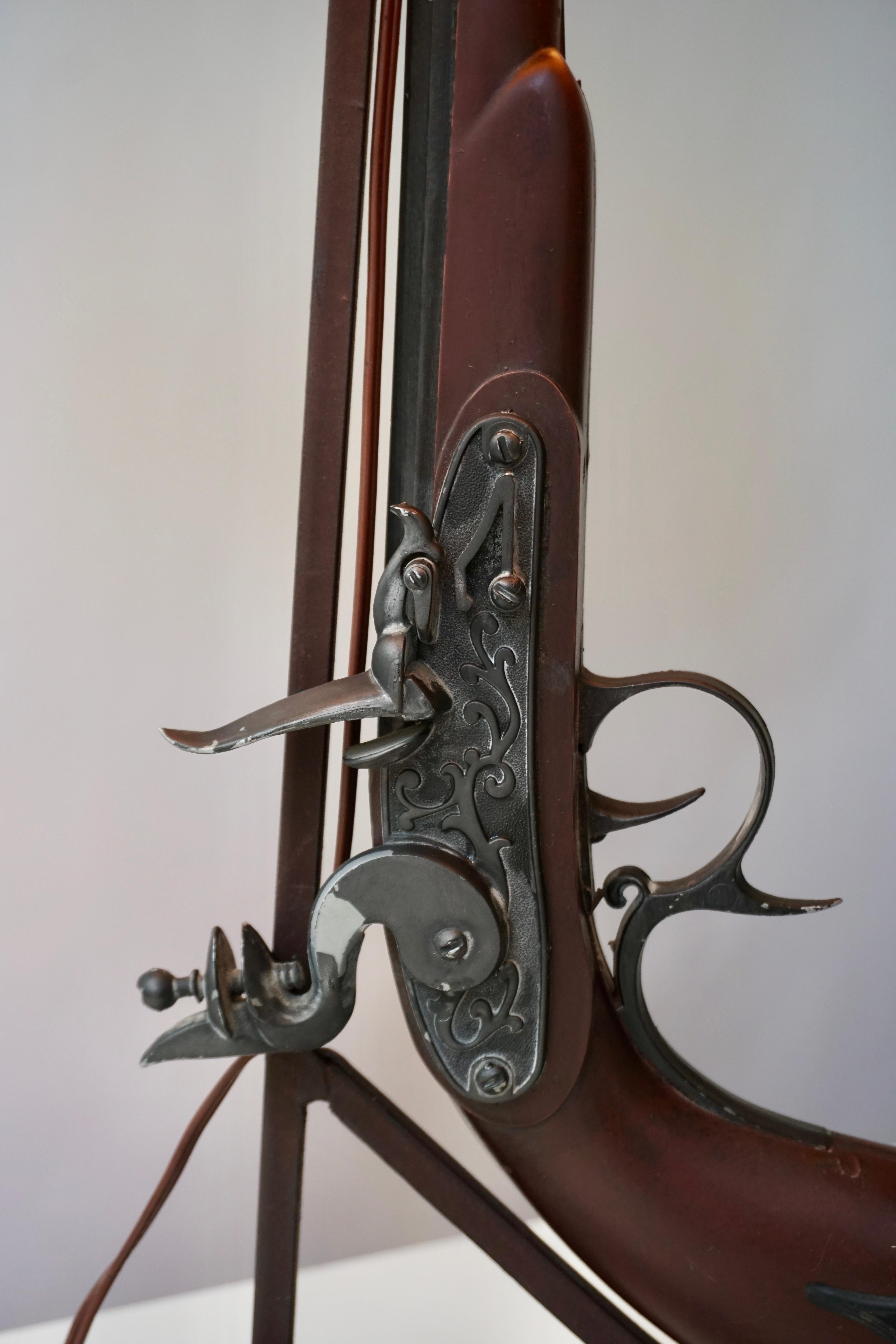 20th Century Vintage Folk Art Gun Lamp of Wrought Iron and Wood