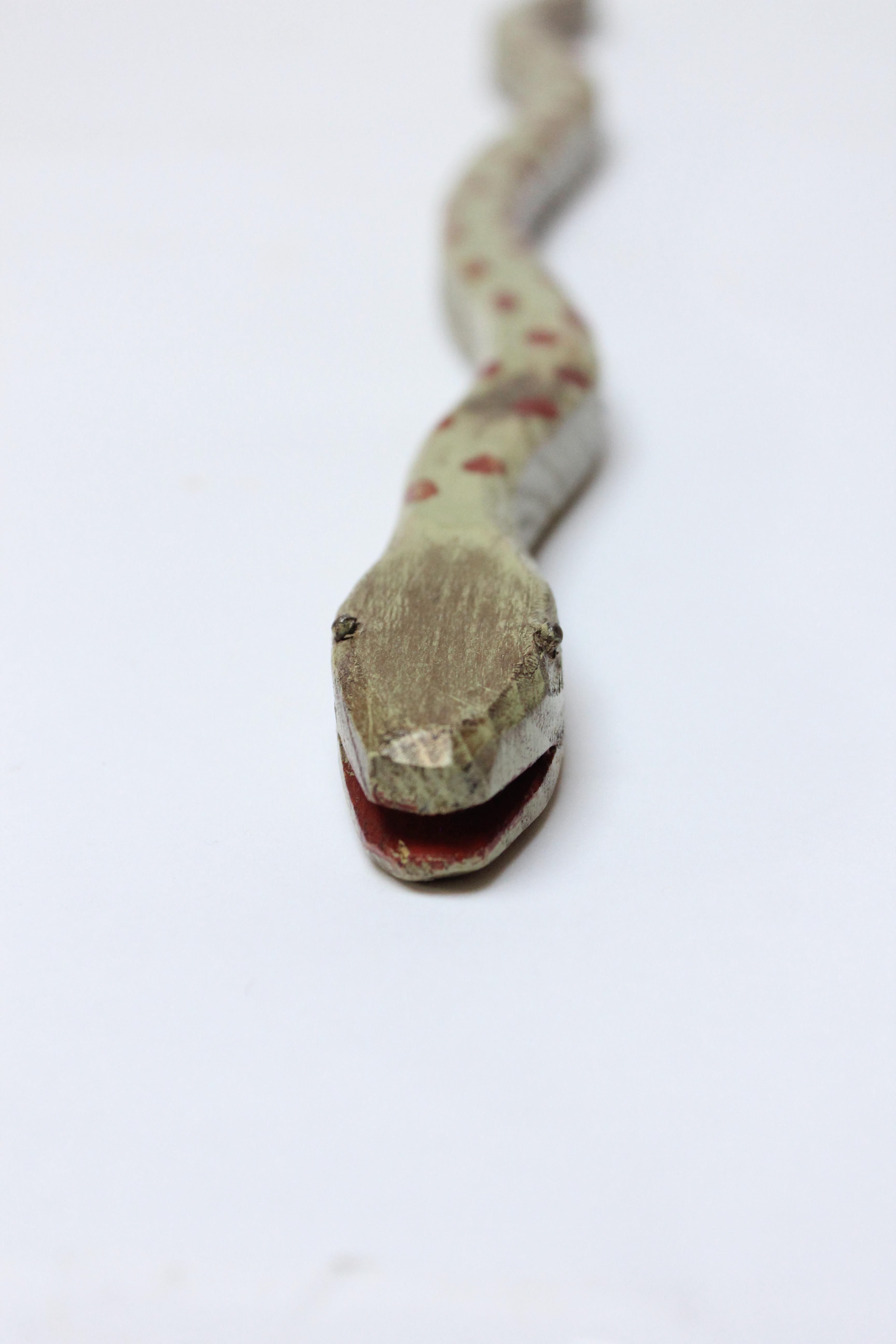 Wood Vintage Folk Art Hand-Carved and Painted Snake Sculpture