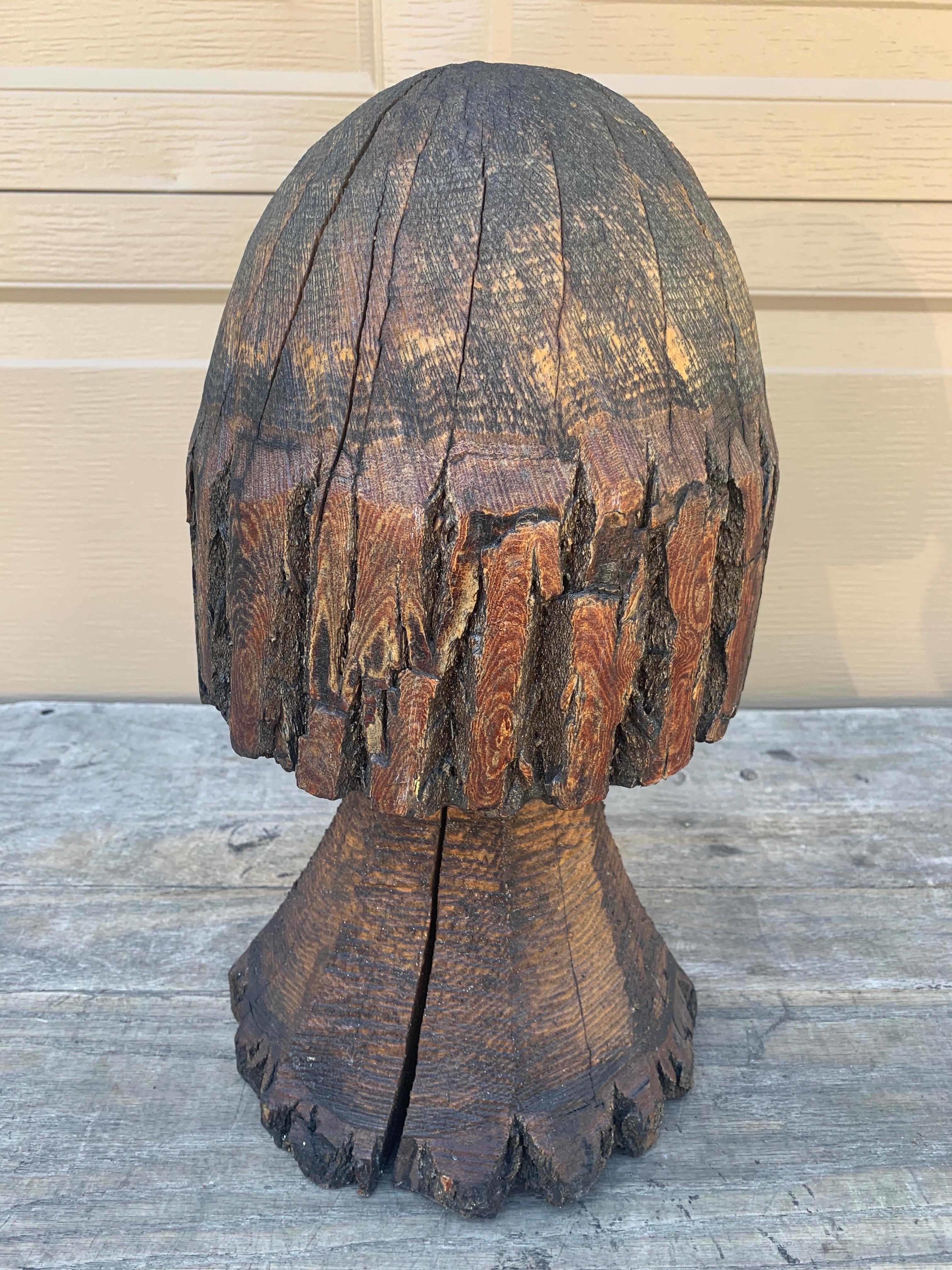 Vintage Folk Art Hand Carved Oak Mushroom Statues, Pair For Sale 4