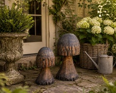 Vintage Folk Art Hand Carved Oak Mushroom Statues, Pair