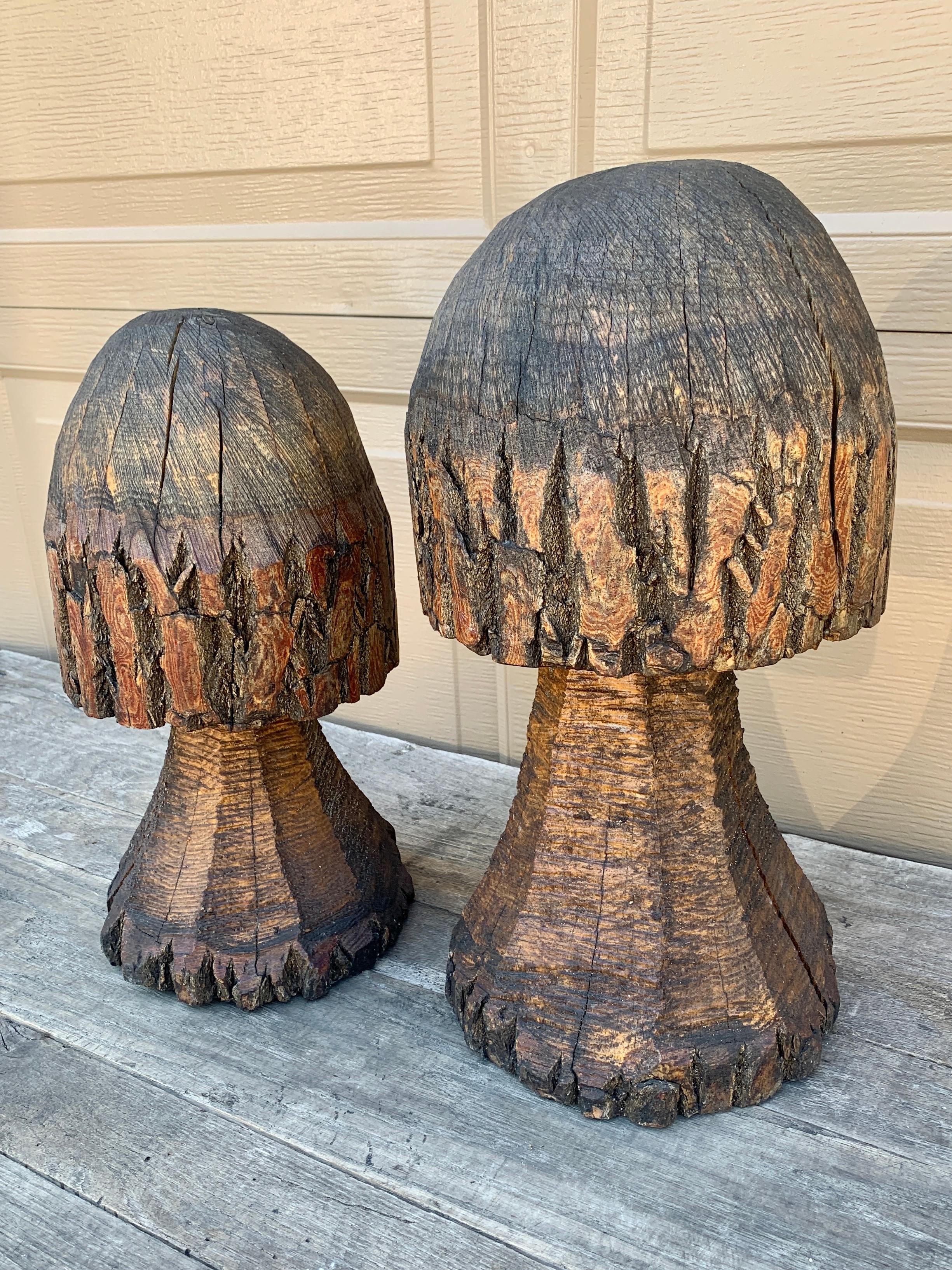 Rustic Vintage Folk Art Hand Carved Oak Mushroom Statues, Pair For Sale