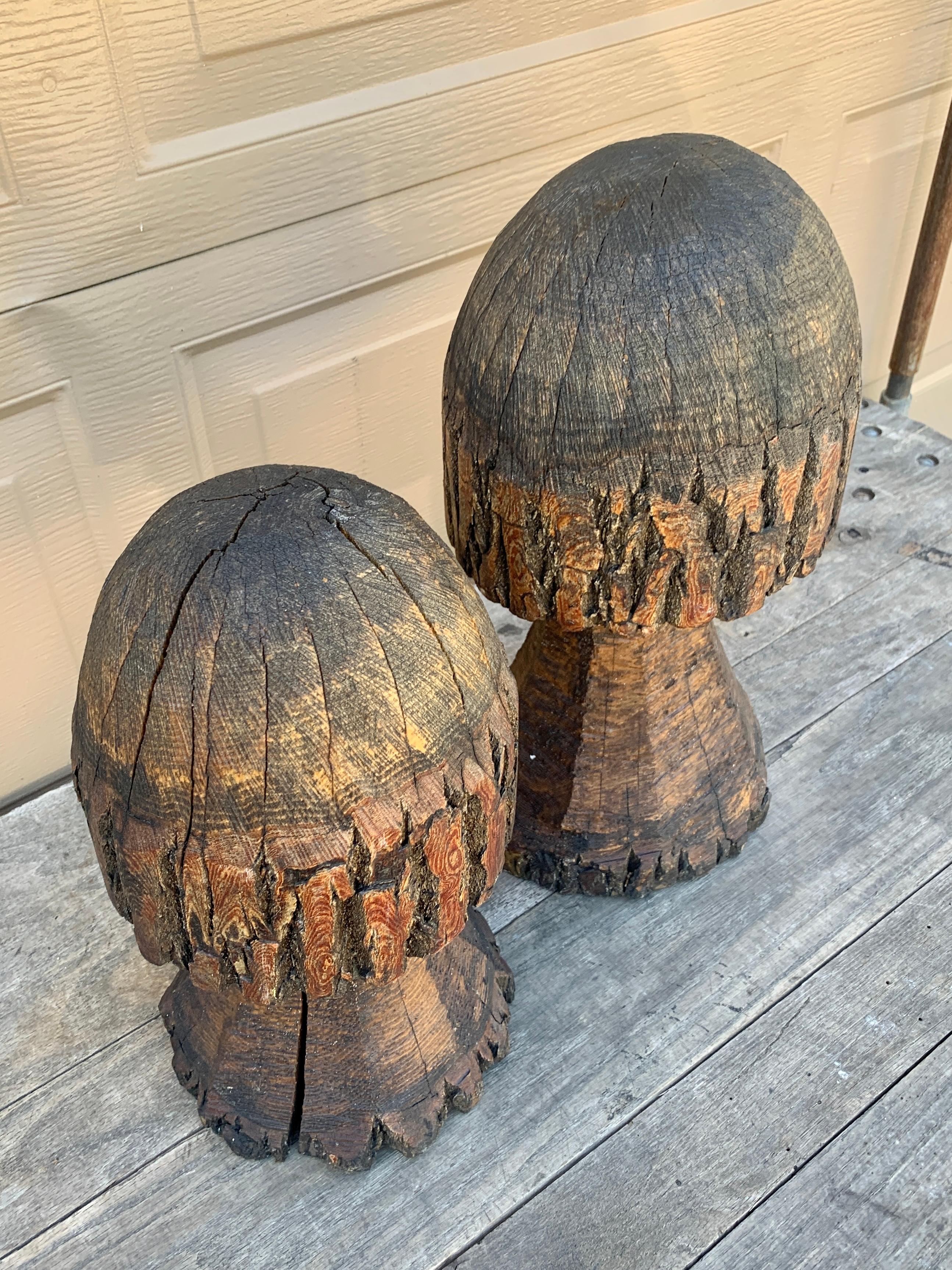 American Vintage Folk Art Hand Carved Oak Mushroom Statues, Pair For Sale