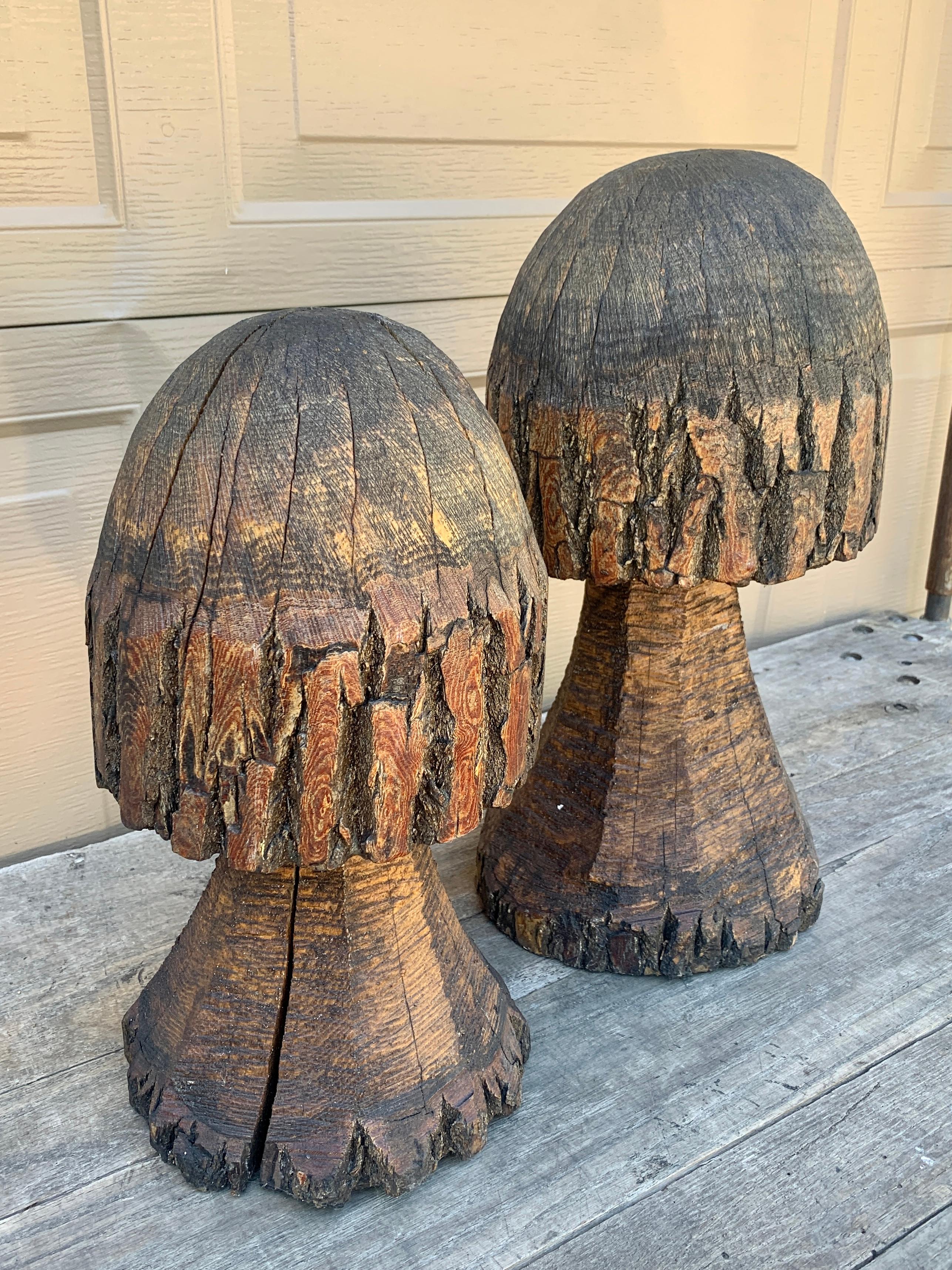 Vintage Folk Art Hand Carved Oak Mushroom Statues, Pair In Good Condition For Sale In Elkhart, IN