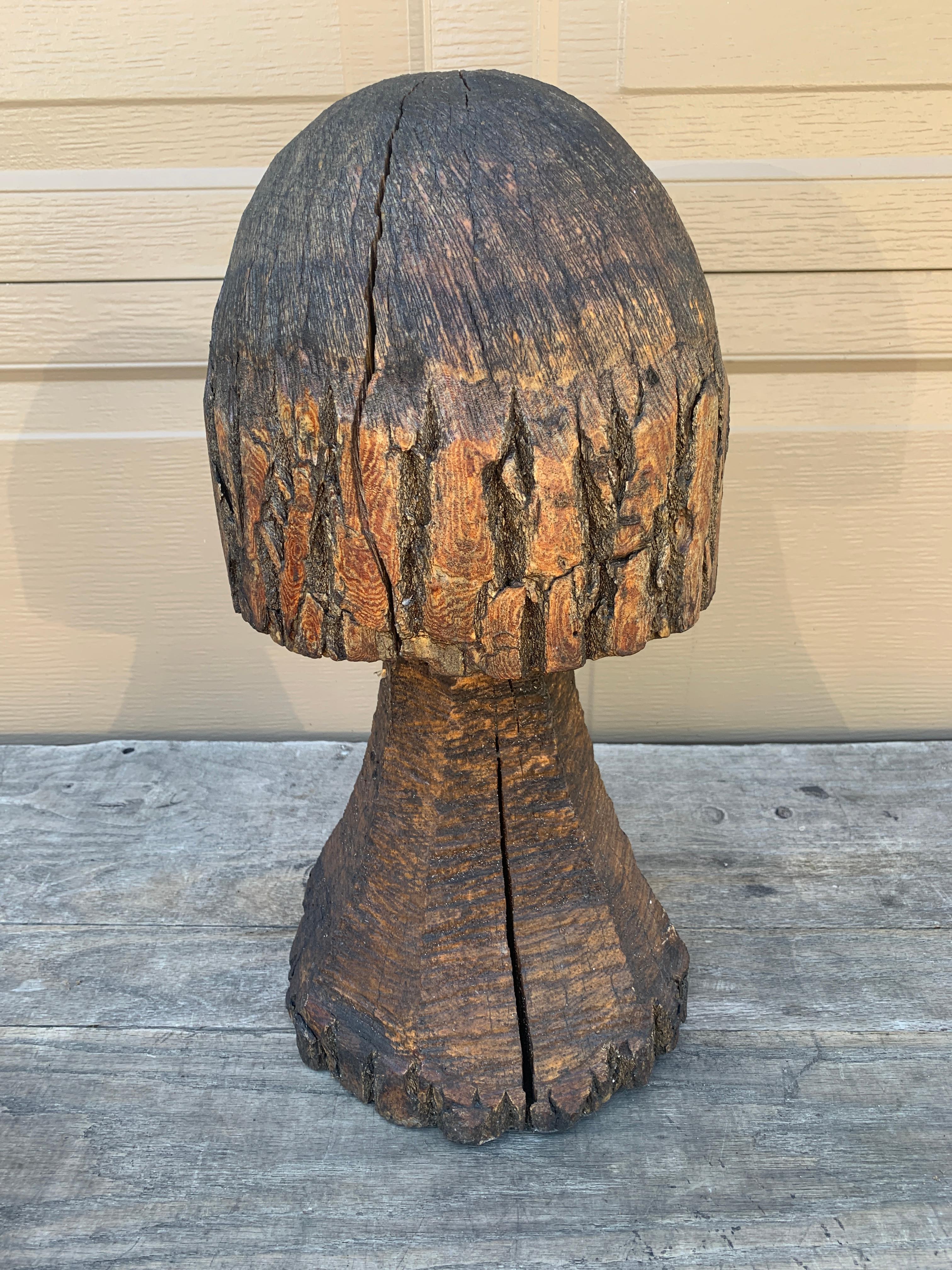 Vintage Folk Art Hand Carved Oak Mushroom Statues, Pair For Sale 2