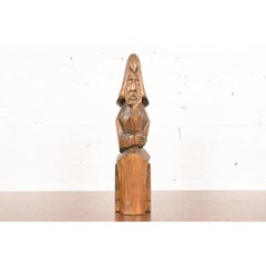 Vintage Folk Art Hand-Carved Wooden Sculpture of a Thinking Man