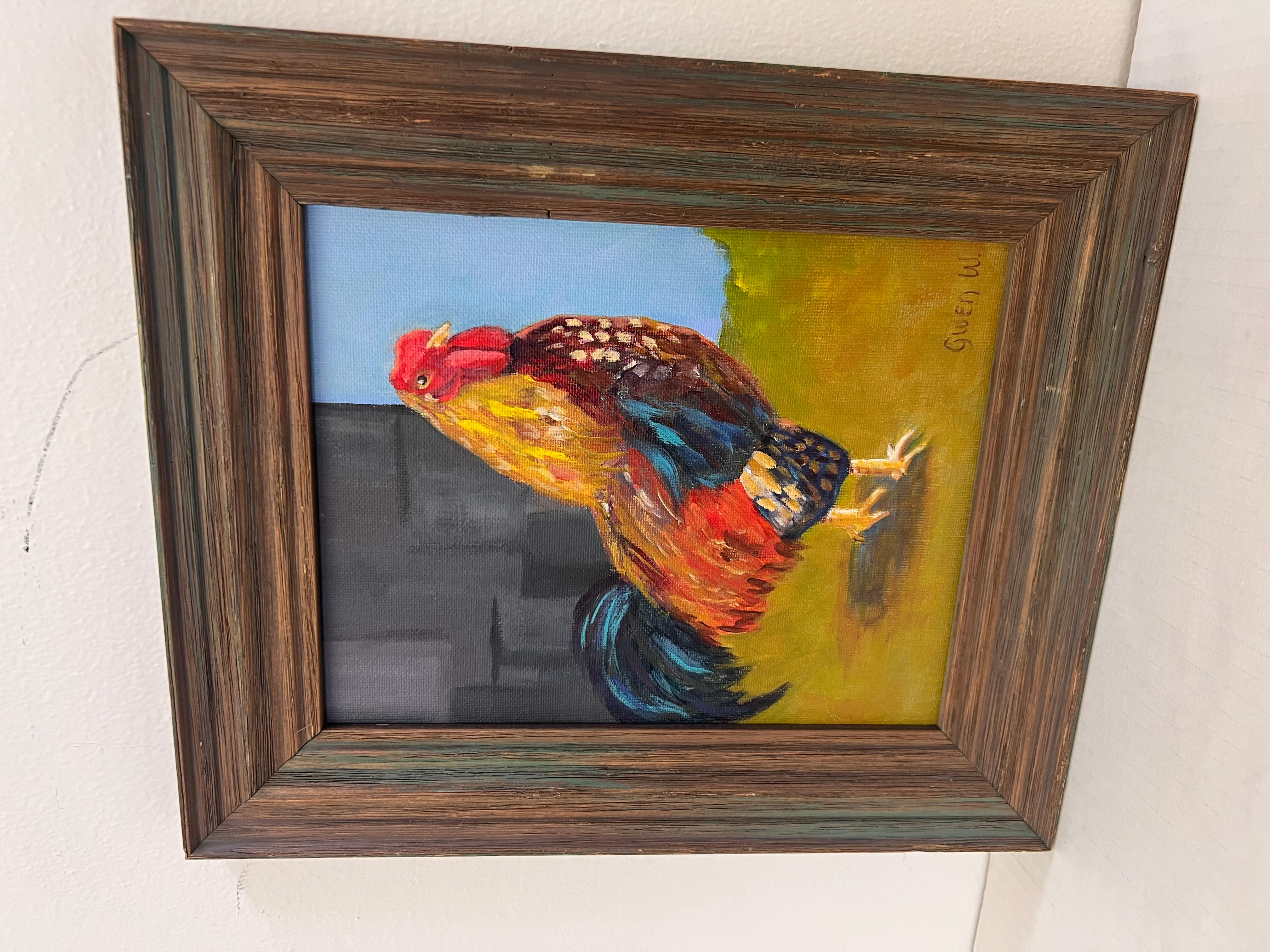 Cuadro de Gallo de Estilo Impresionista de Arte Popular Vintage en Marco Rústico de Madera finales del siglo XX en venta
