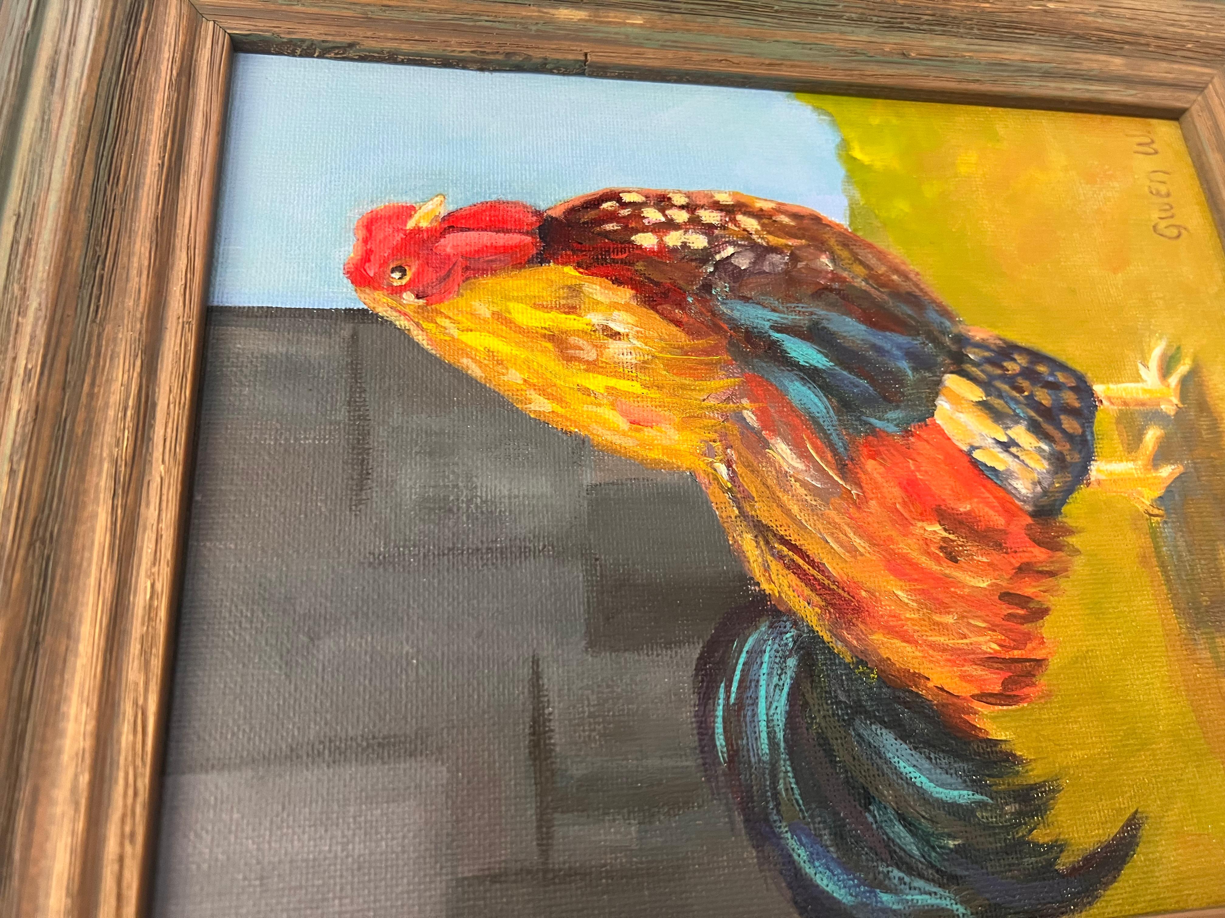 Cuadro de Gallo de Estilo Impresionista de Arte Popular Vintage en Marco Rústico de Madera en venta 1
