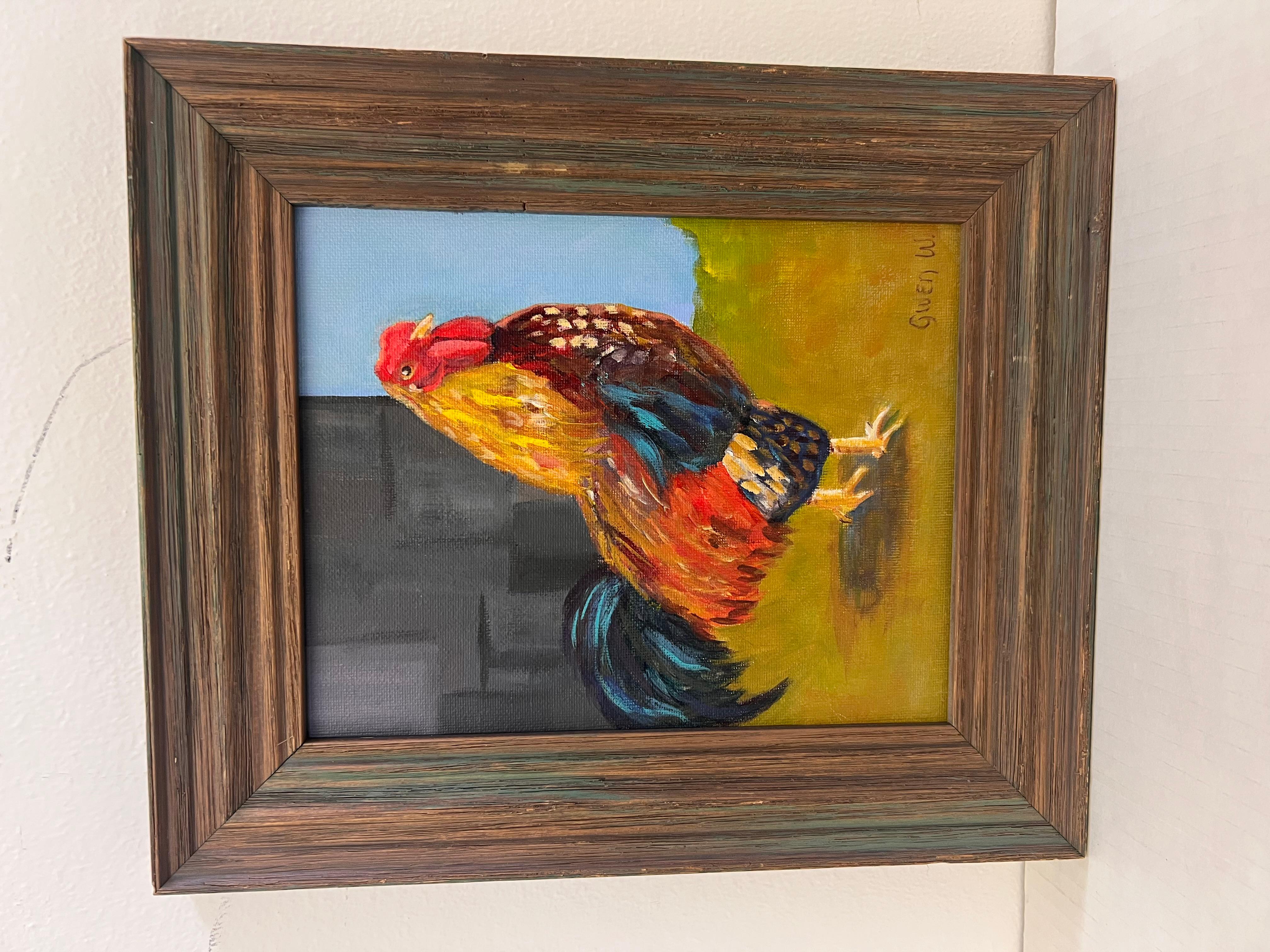 Cuadro de Gallo de Estilo Impresionista de Arte Popular Vintage en Marco Rústico de Madera en venta 2
