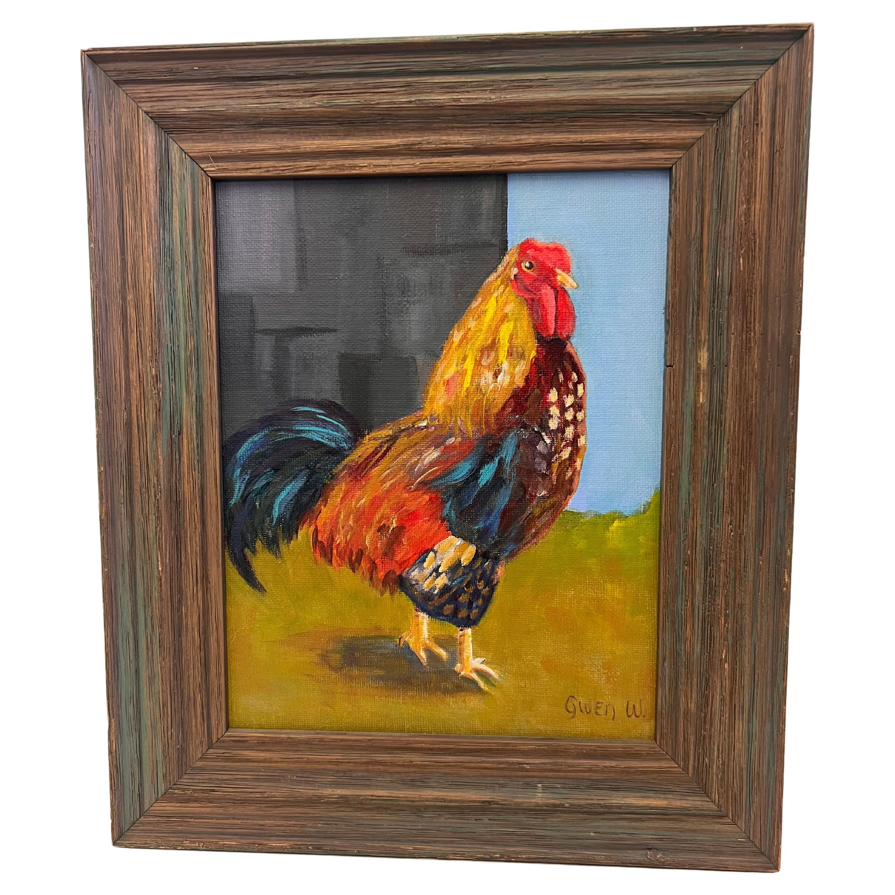 Vintage Folk Art Impressionist Style Painting of Rooster in Rustic Wooden Frame