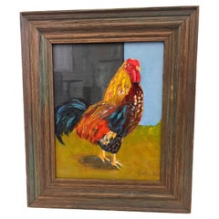 Vintage Volkskunst Impressionistisches Vintage-Gemälde eines Hahnes im impressionistischen Stil, Rustikales Holzrahmen
