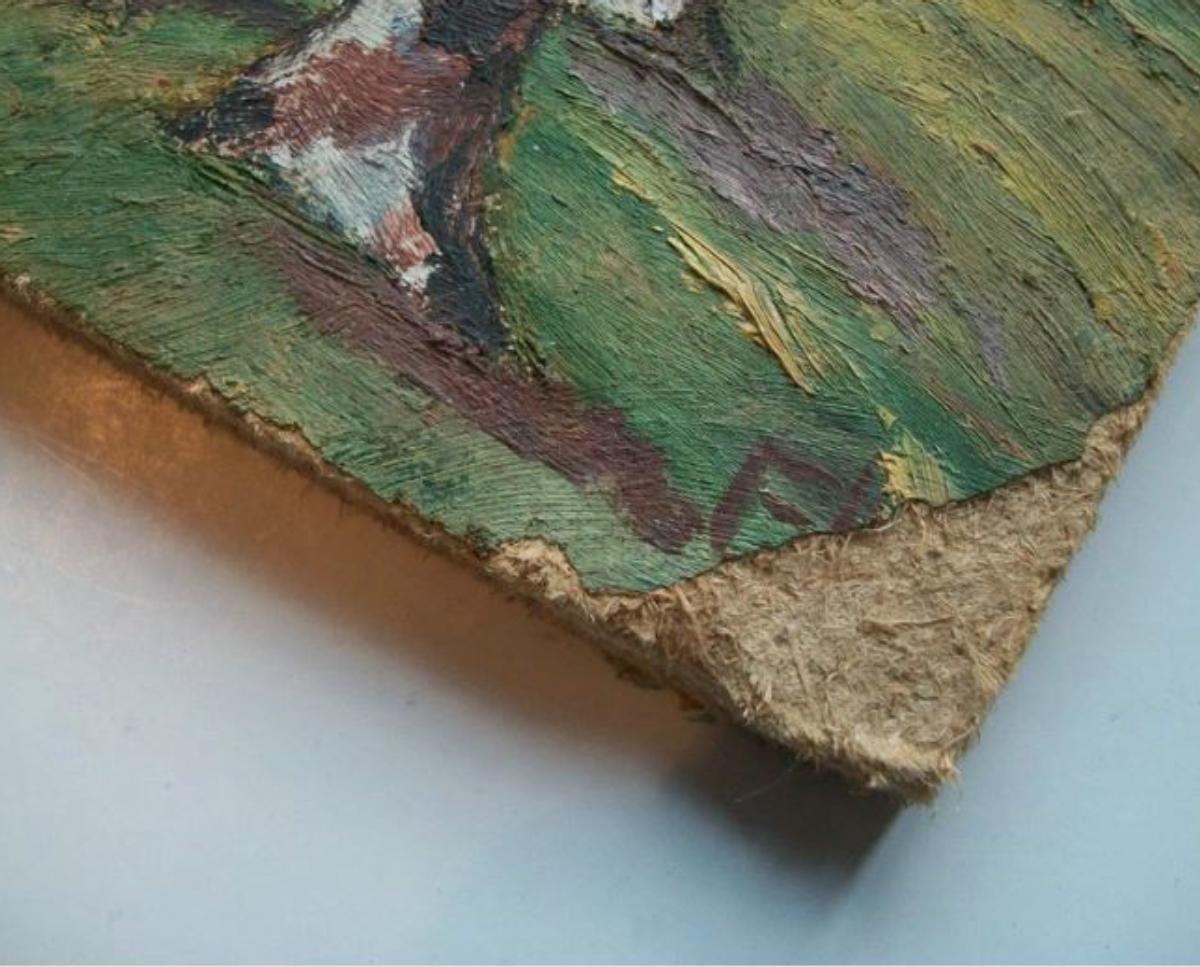 Vintage Folk Art Landschaft Ölgemälde auf Panel - initialisiert - Mitte des 20. (Volkskunst) im Angebot