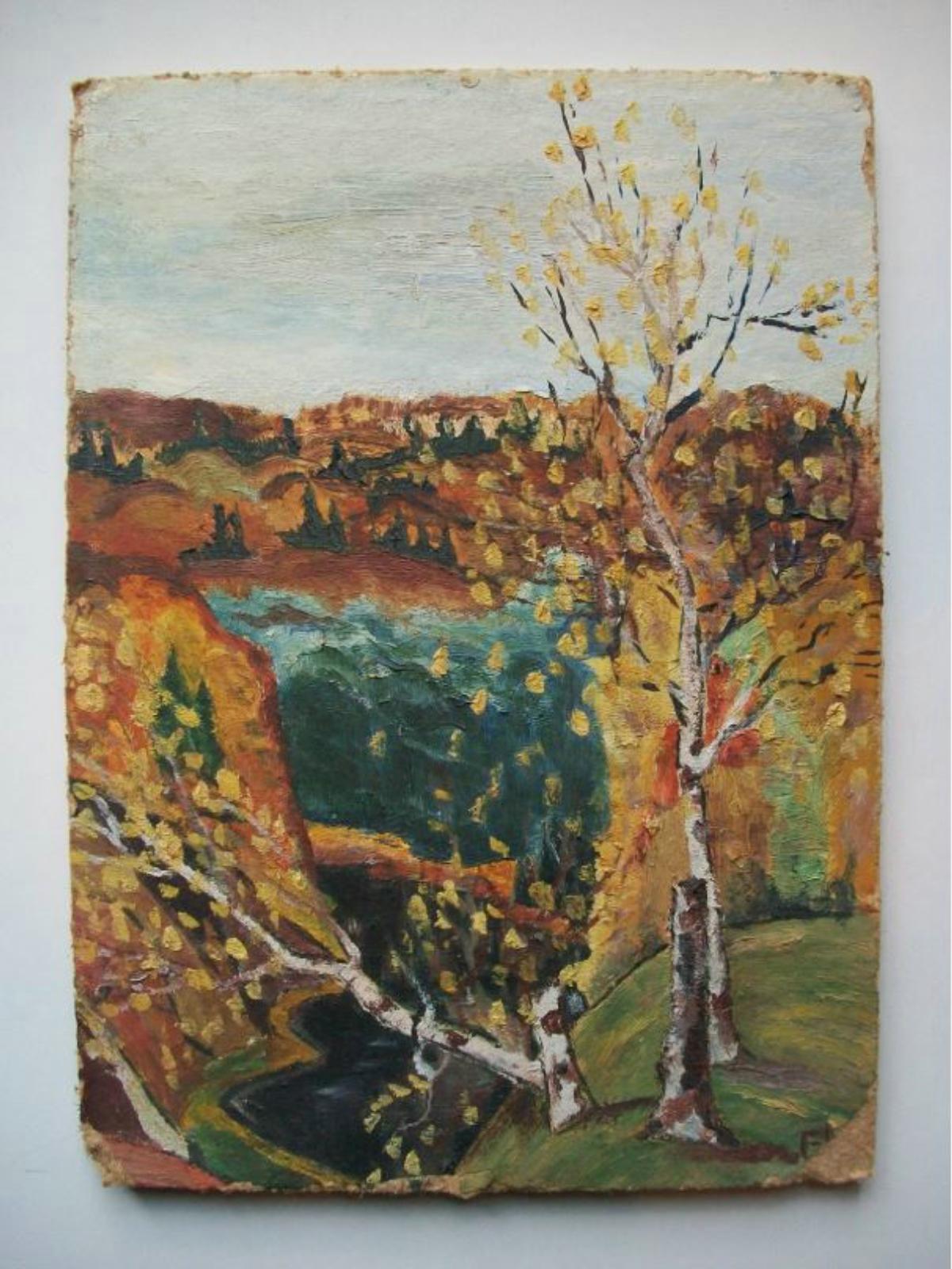 Vintage Folk Art Landschaft Ölgemälde auf Panel - initialisiert - Mitte des 20. im Zustand „Relativ gut“ im Angebot in Chatham, ON