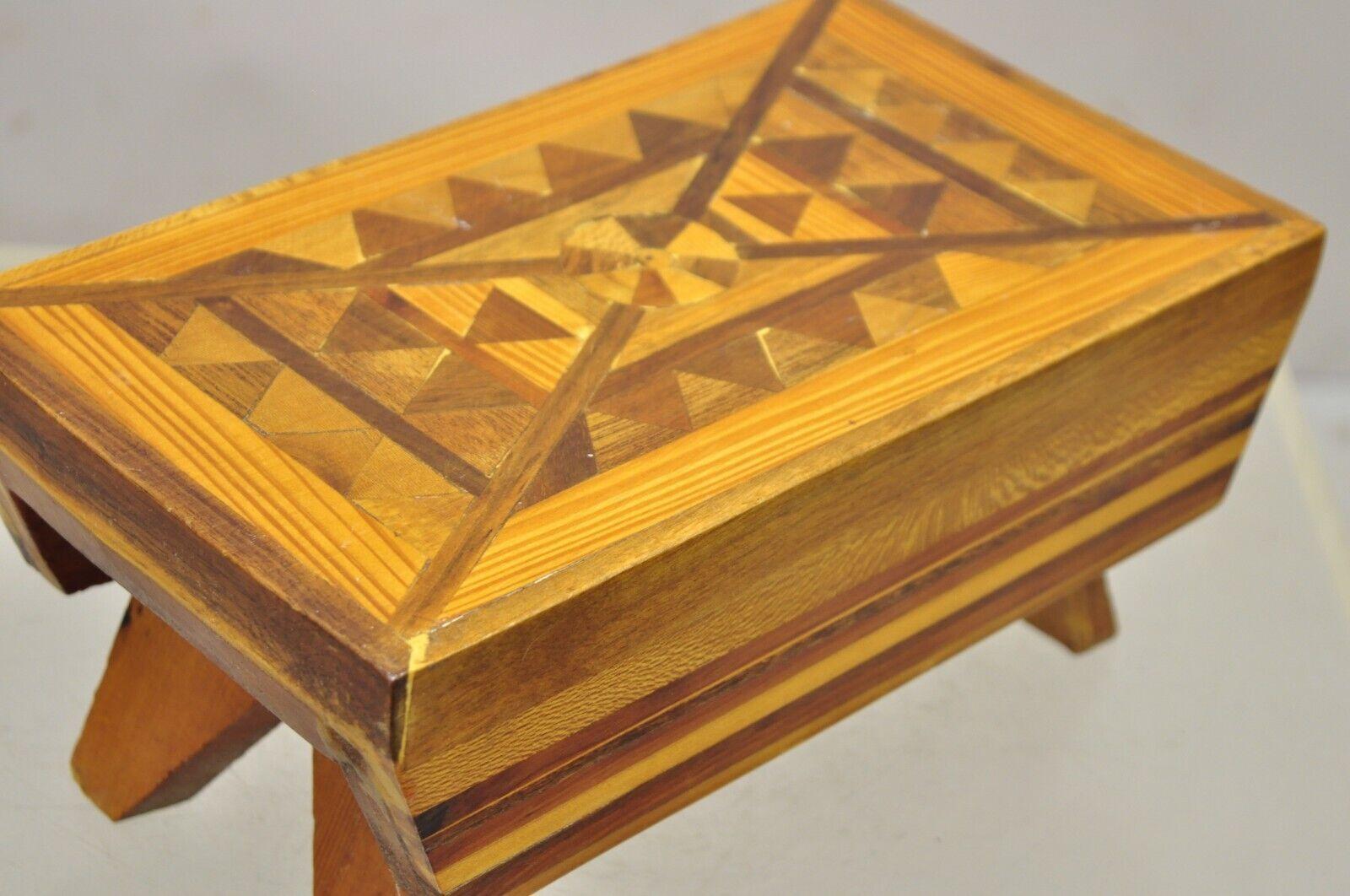 Wood Vintage Folk Art Marquetry Inlay Small Footstool Ottoman Stool For Sale
