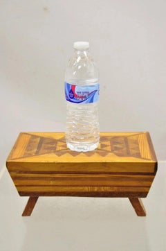 Vintage Folk Art Marquetry Inlay Small Wooden Primitive Footstool Ottoman Stool
