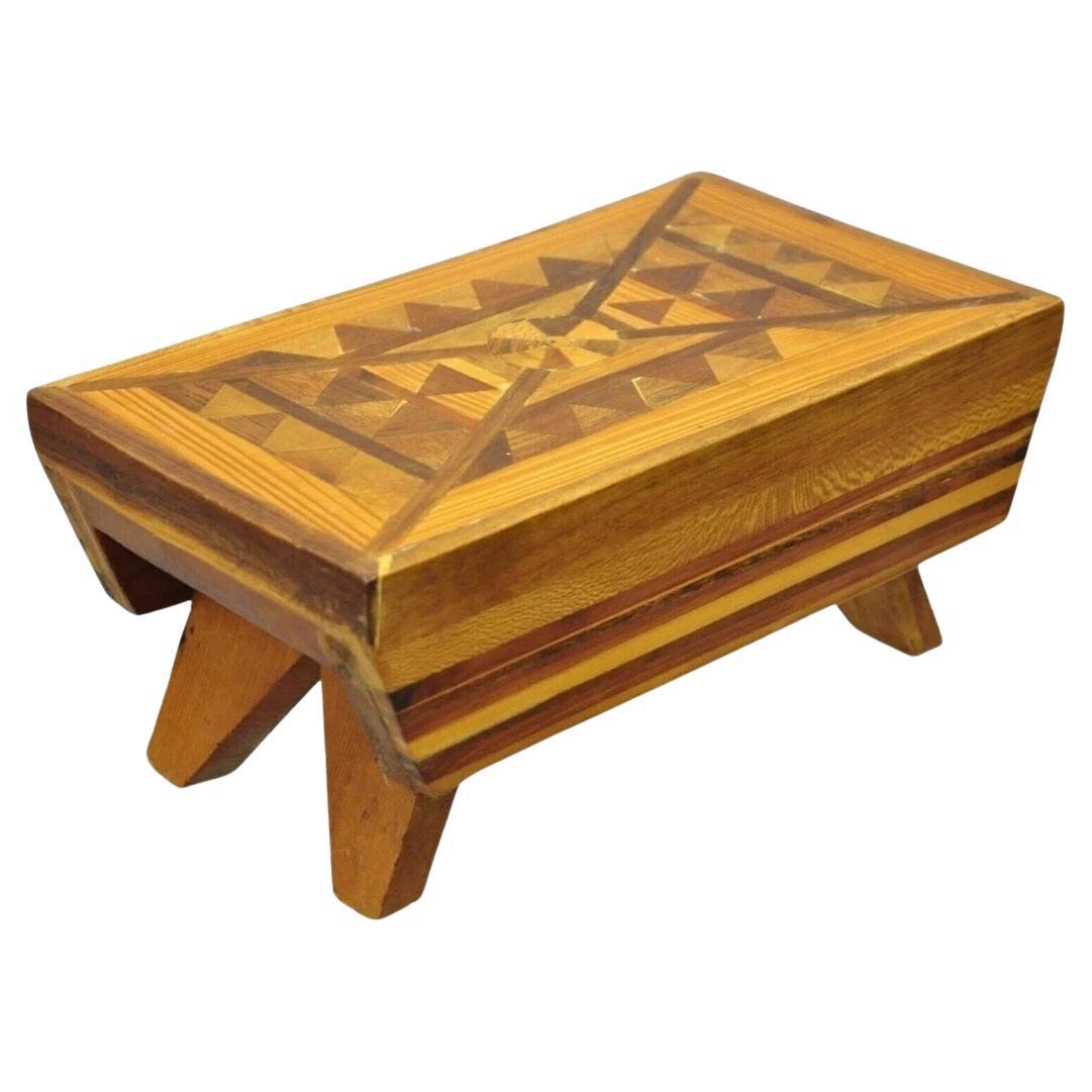 Vintage Folk Art Marquetry Inlay Small Wooden Primitive Footstool Ottoman Stool