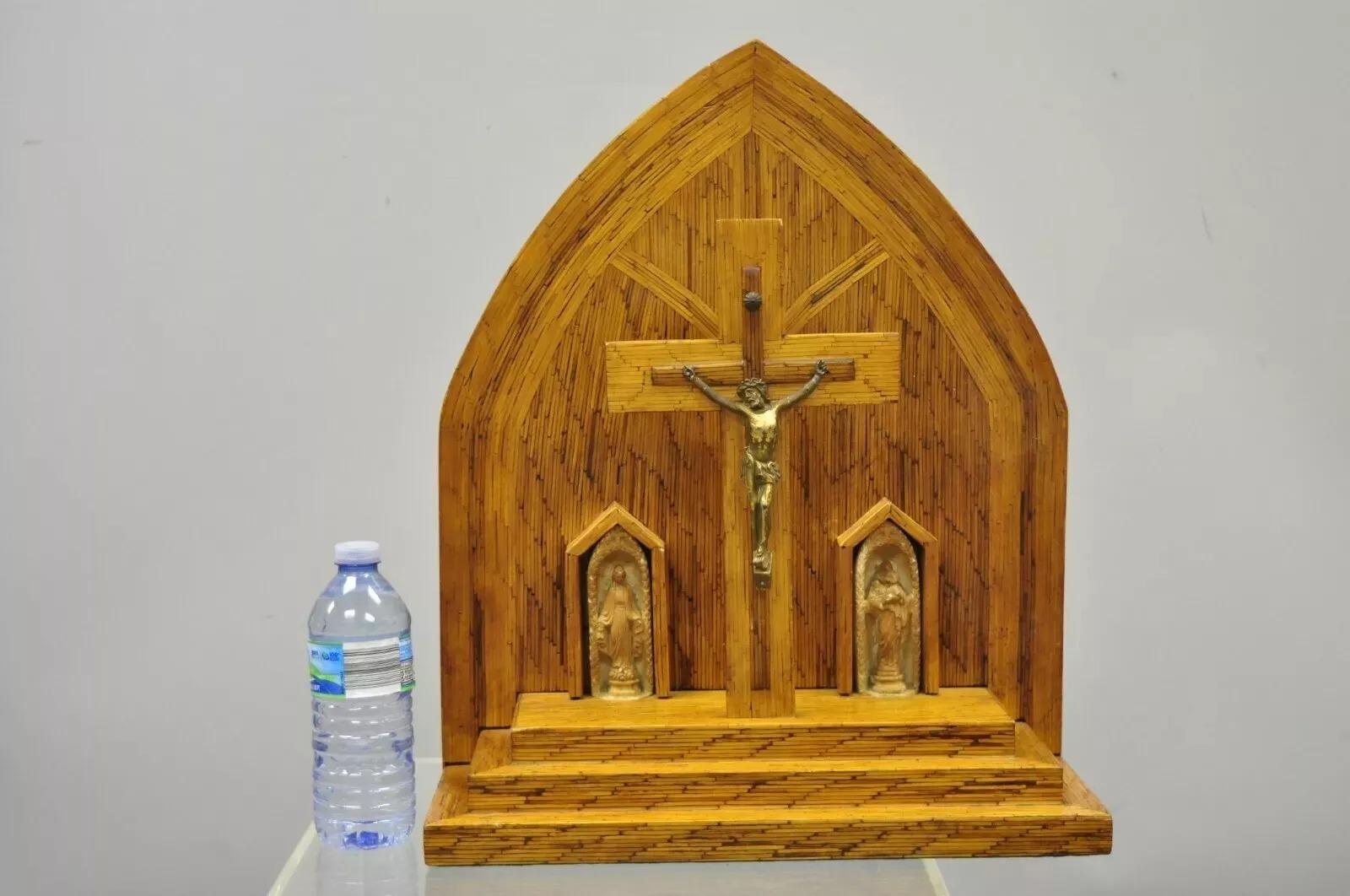 Vintage Folk Art Matchstick Prison Tramp Art Crucifix Jesus Christ Sculpture For Sale 4