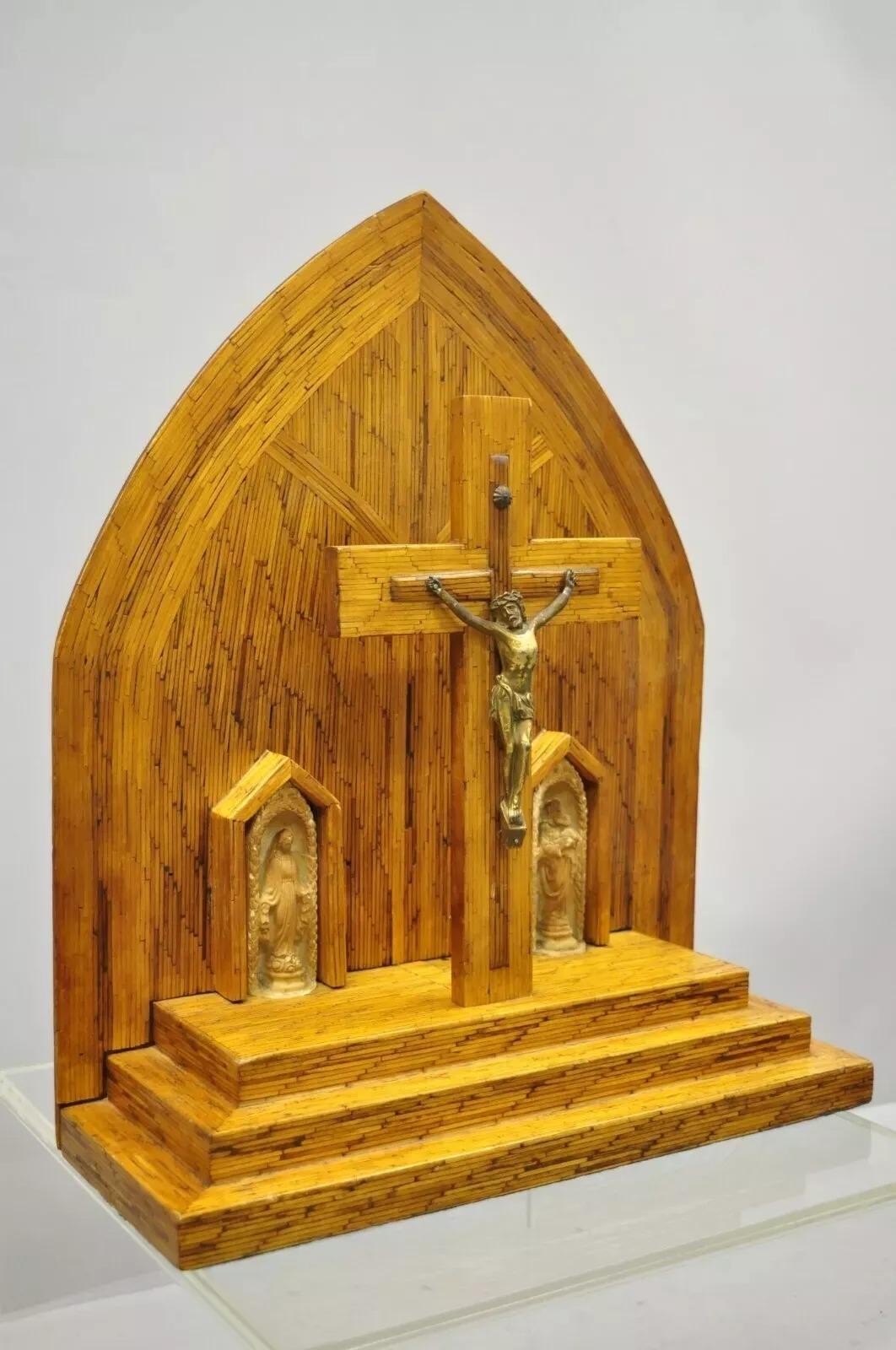 Vintage Folk Art Matchstick Prison Tramp Art Crucifix Jesus Christ Sculpture. Item featured is hand crafted of matchsticks, crucifix with figures, very nice antique item, quality American craftsmanship. Circa Mid 20th Century. Measurements: 20.5